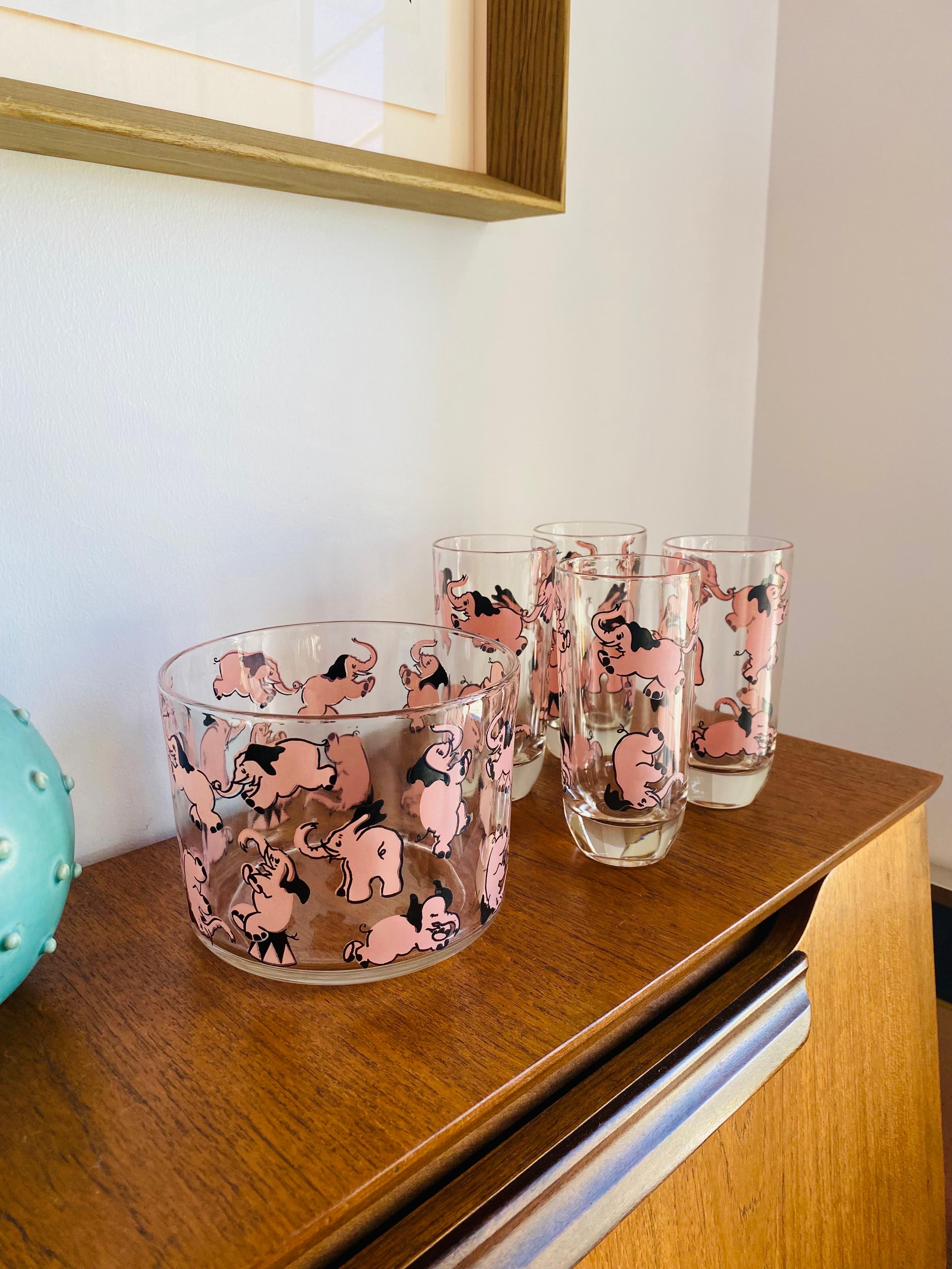 American Mid-Century Highball glasses & Ice Bucket Dancing Pink Elephants by Hazel Atlas For Sale