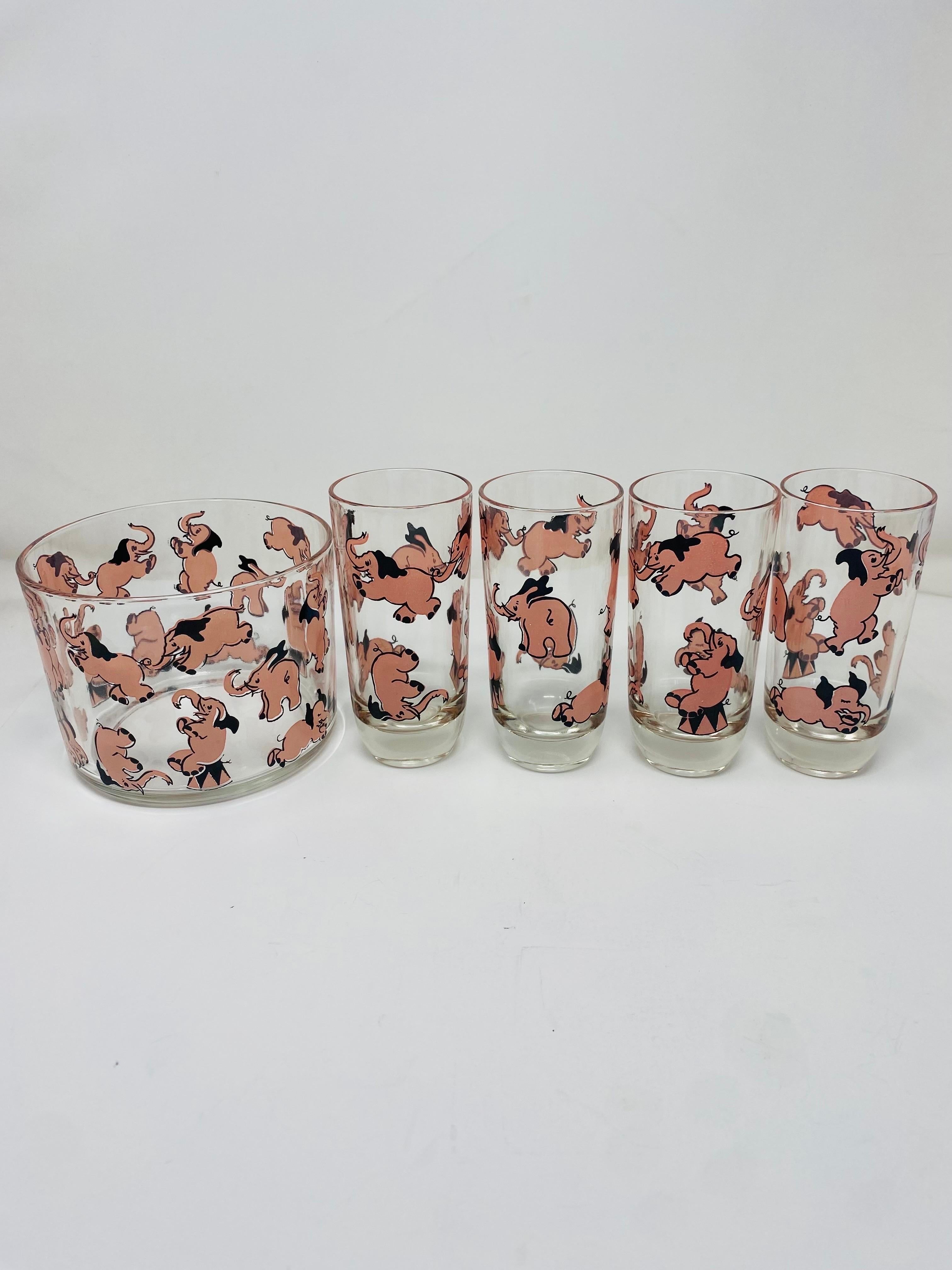 Hand-Crafted Mid-Century Highball glasses & Ice Bucket Dancing Pink Elephants by Hazel Atlas For Sale