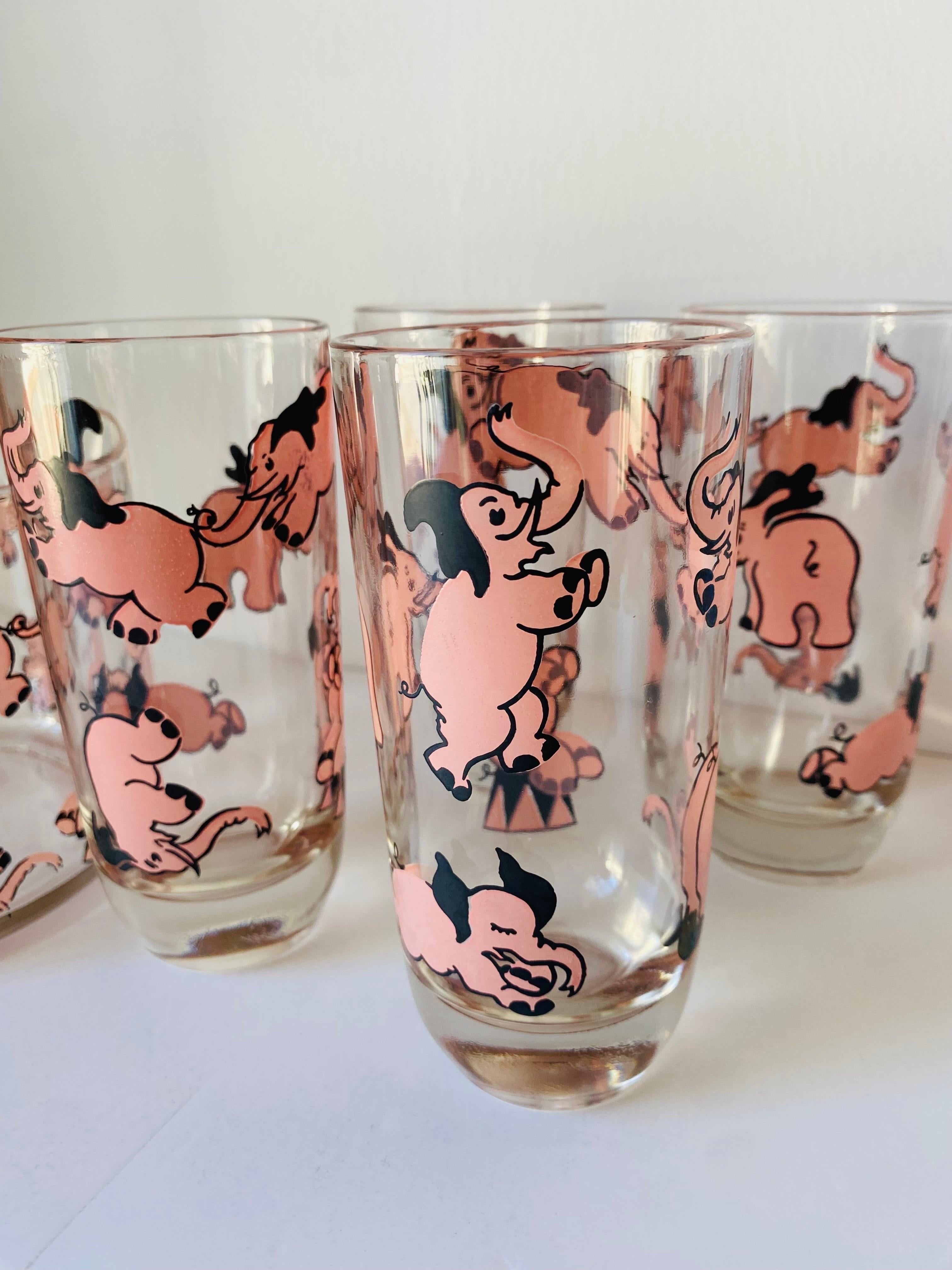 Mid-Century Highball glasses & Ice Bucket Dancing Pink Elephants by Hazel Atlas In Good Condition For Sale In San Diego, CA