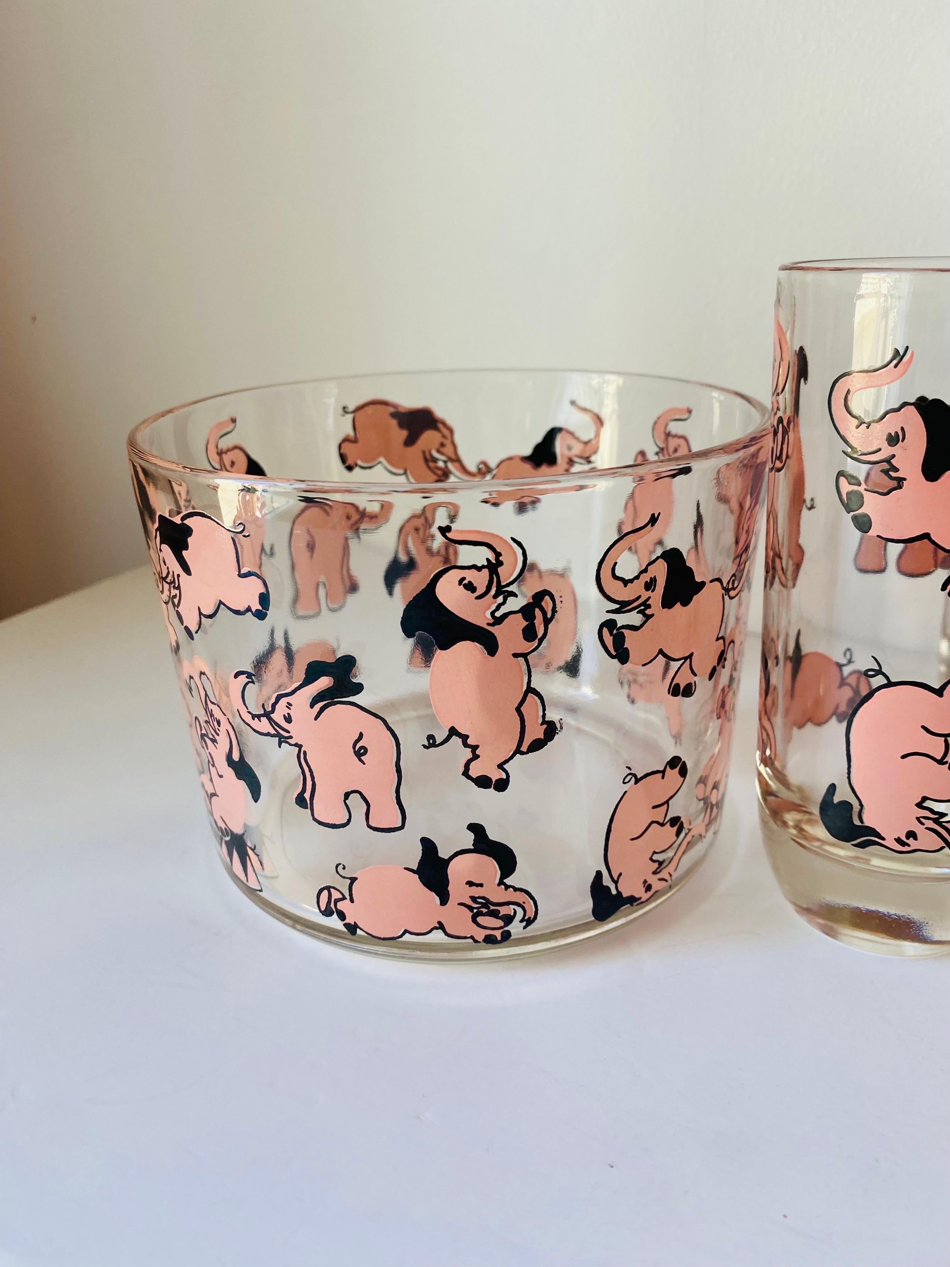 Mid-20th Century Mid-Century Highball glasses & Ice Bucket Dancing Pink Elephants by Hazel Atlas For Sale