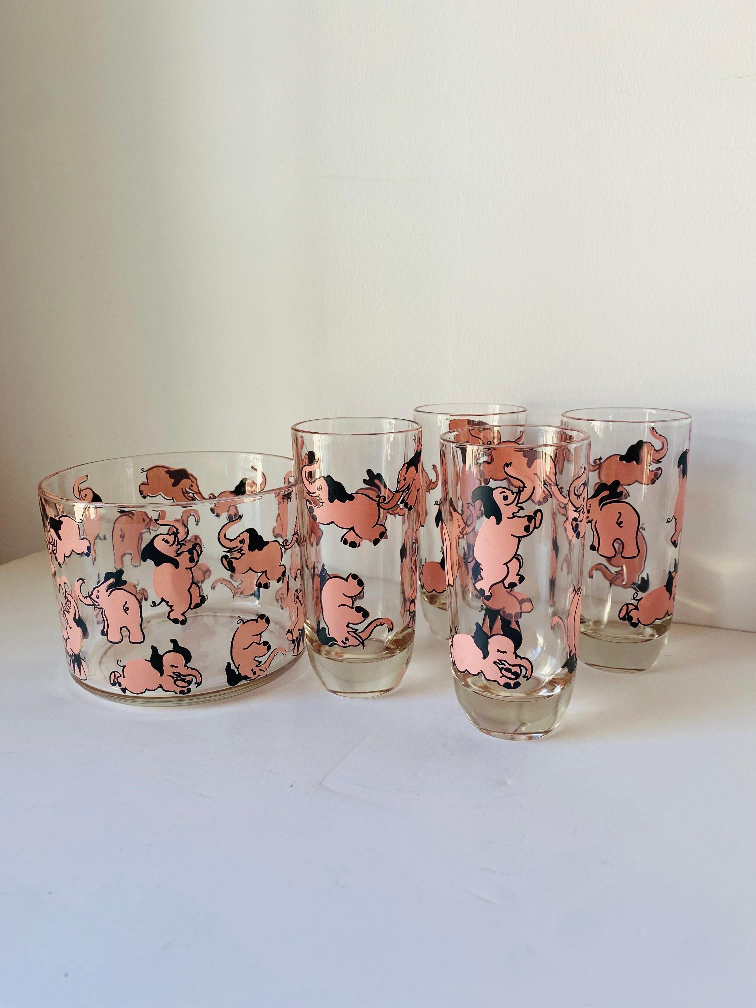 Glass Mid-Century Highball glasses & Ice Bucket Dancing Pink Elephants by Hazel Atlas For Sale