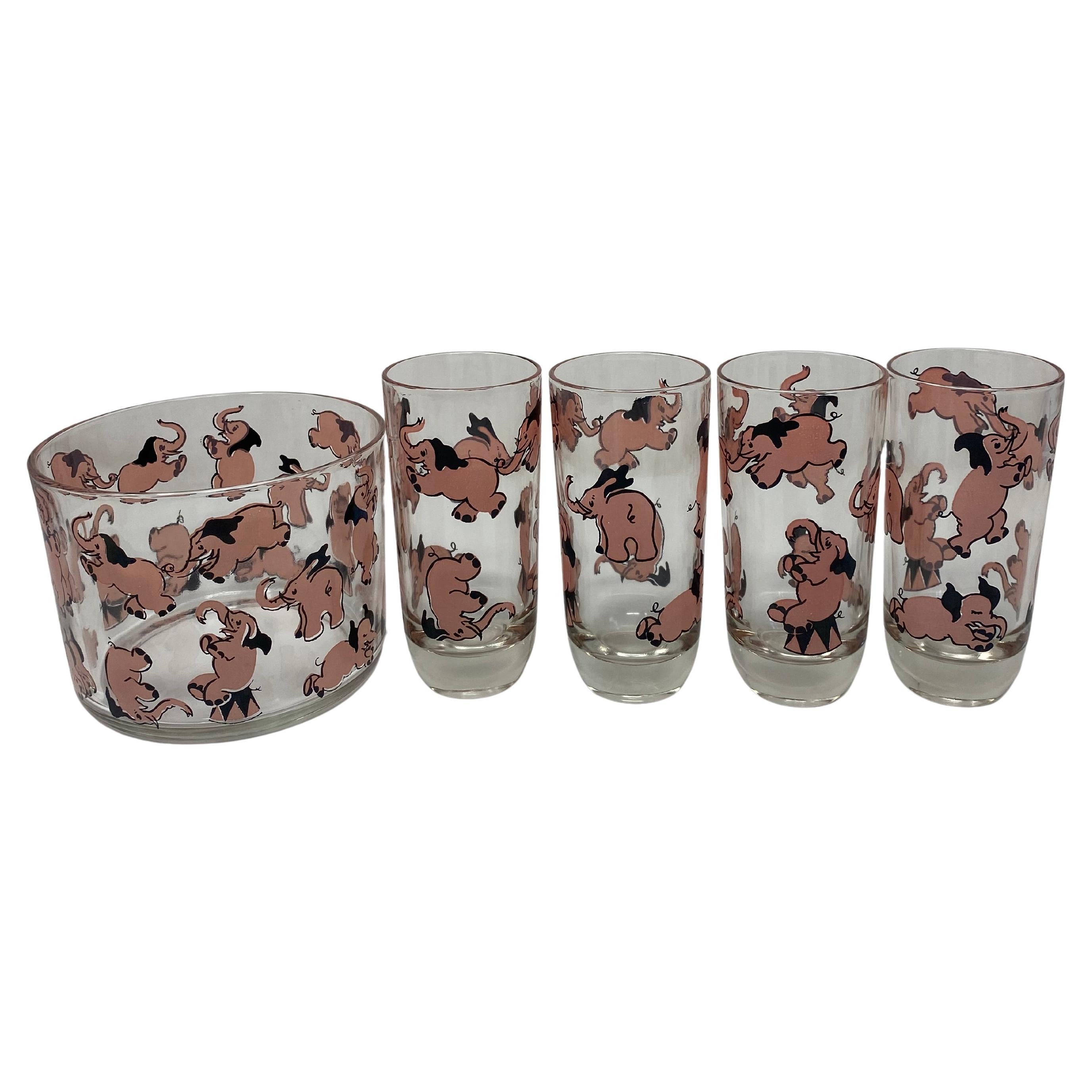 Mid-Century Highball glasses & Ice Bucket Dancing Pink Elephants by Hazel Atlas For Sale
