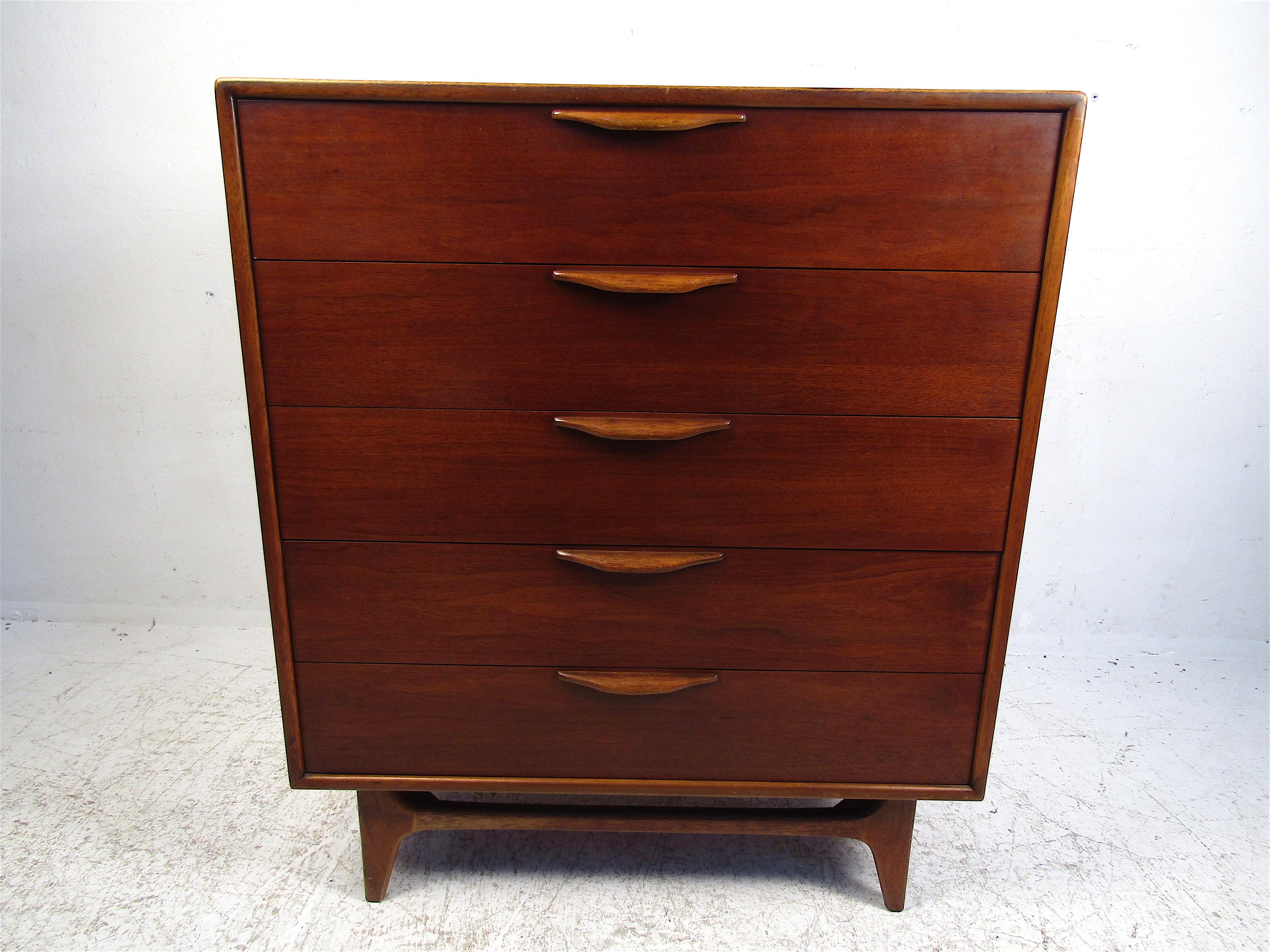 Stylish midcentury high dresser by Lane Furniture Co. Sculpted drawer pulls and a nice dark finish. Please confirm item location with dealer (NJ or NY).