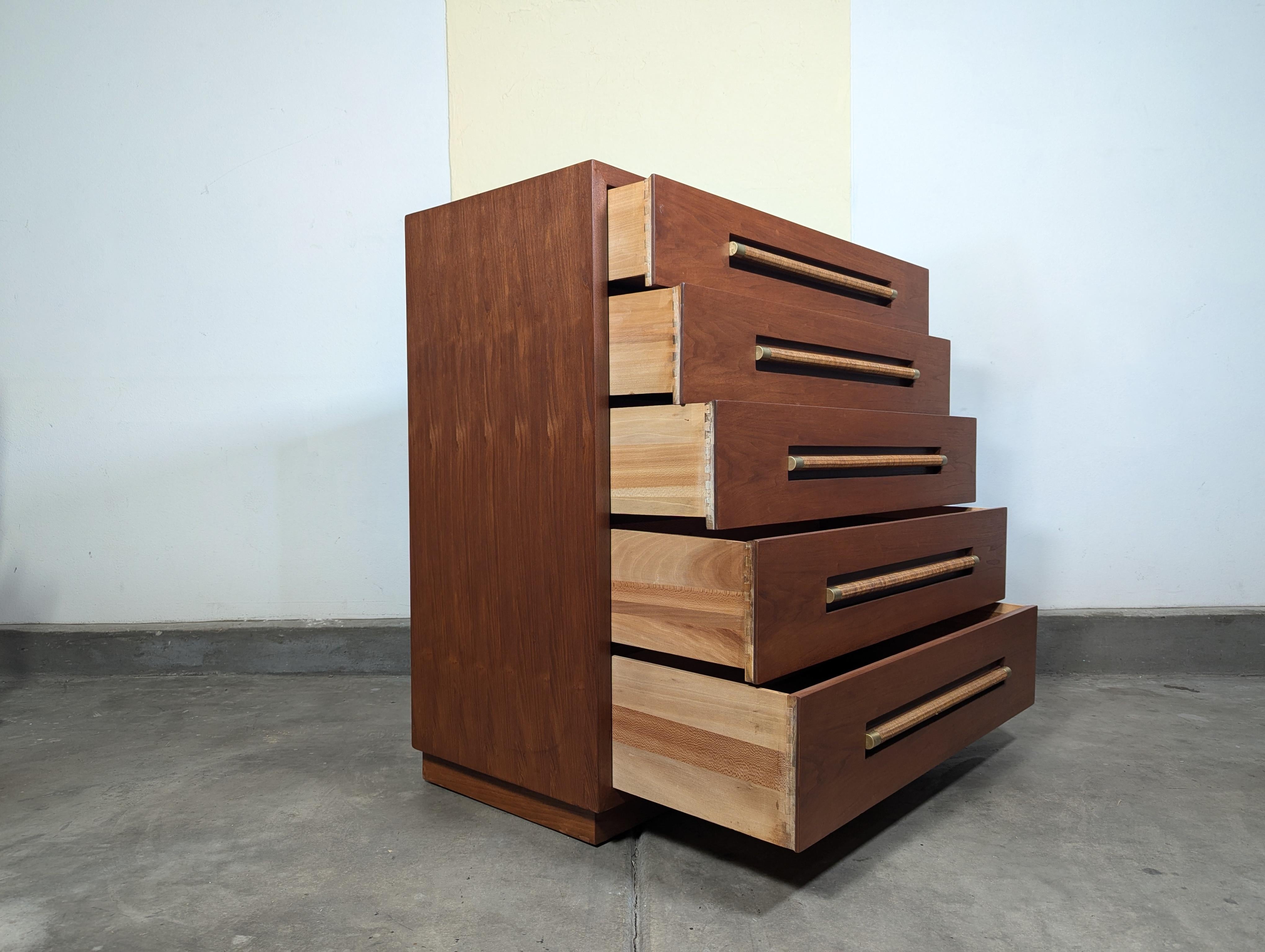 Mid Century Highboy Dresser with Wicker and Brass Handles by Morganton, c1960s 3
