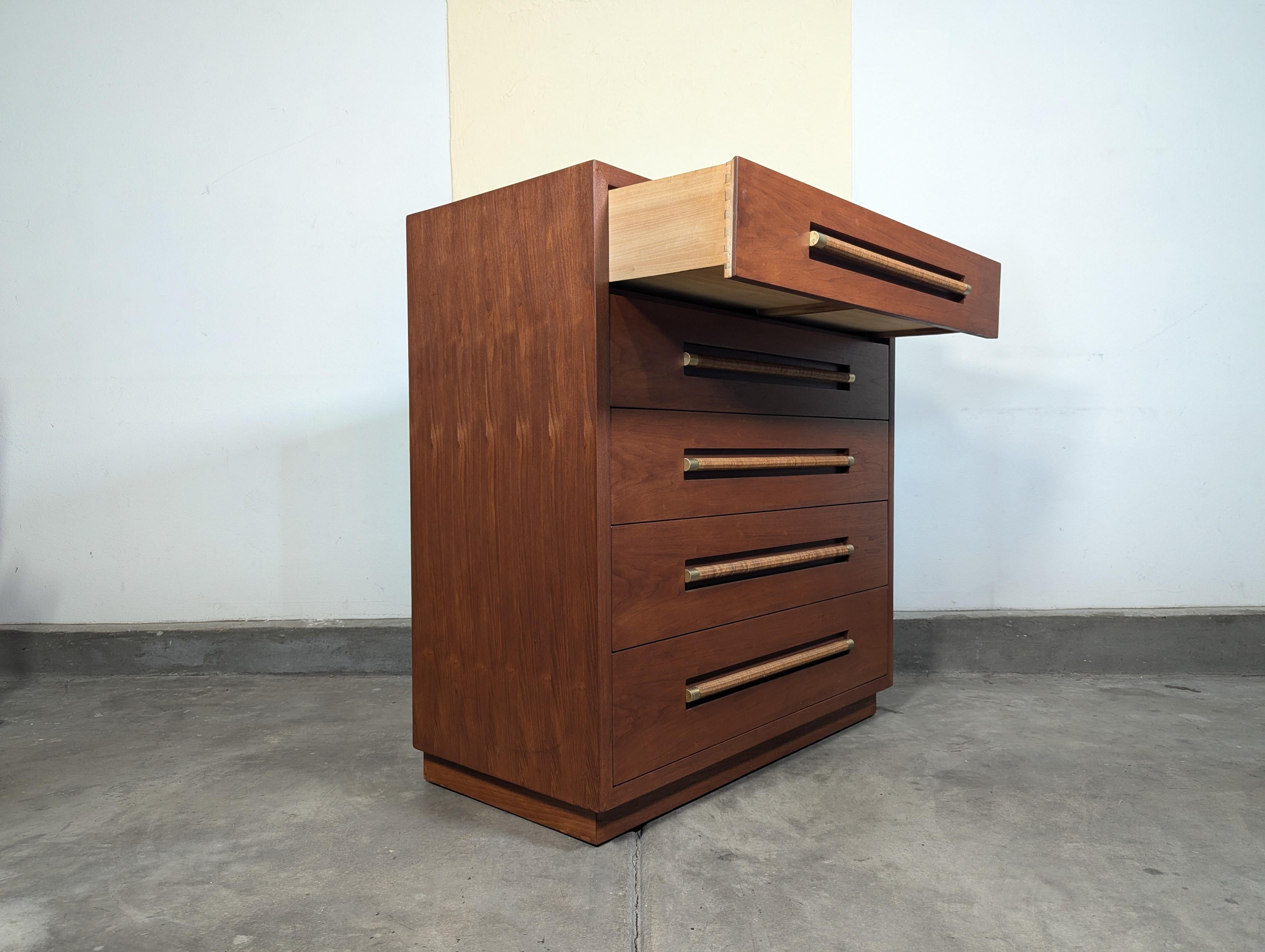 Mid Century Highboy Dresser with Wicker and Brass Handles by Morganton, c1960s 4
