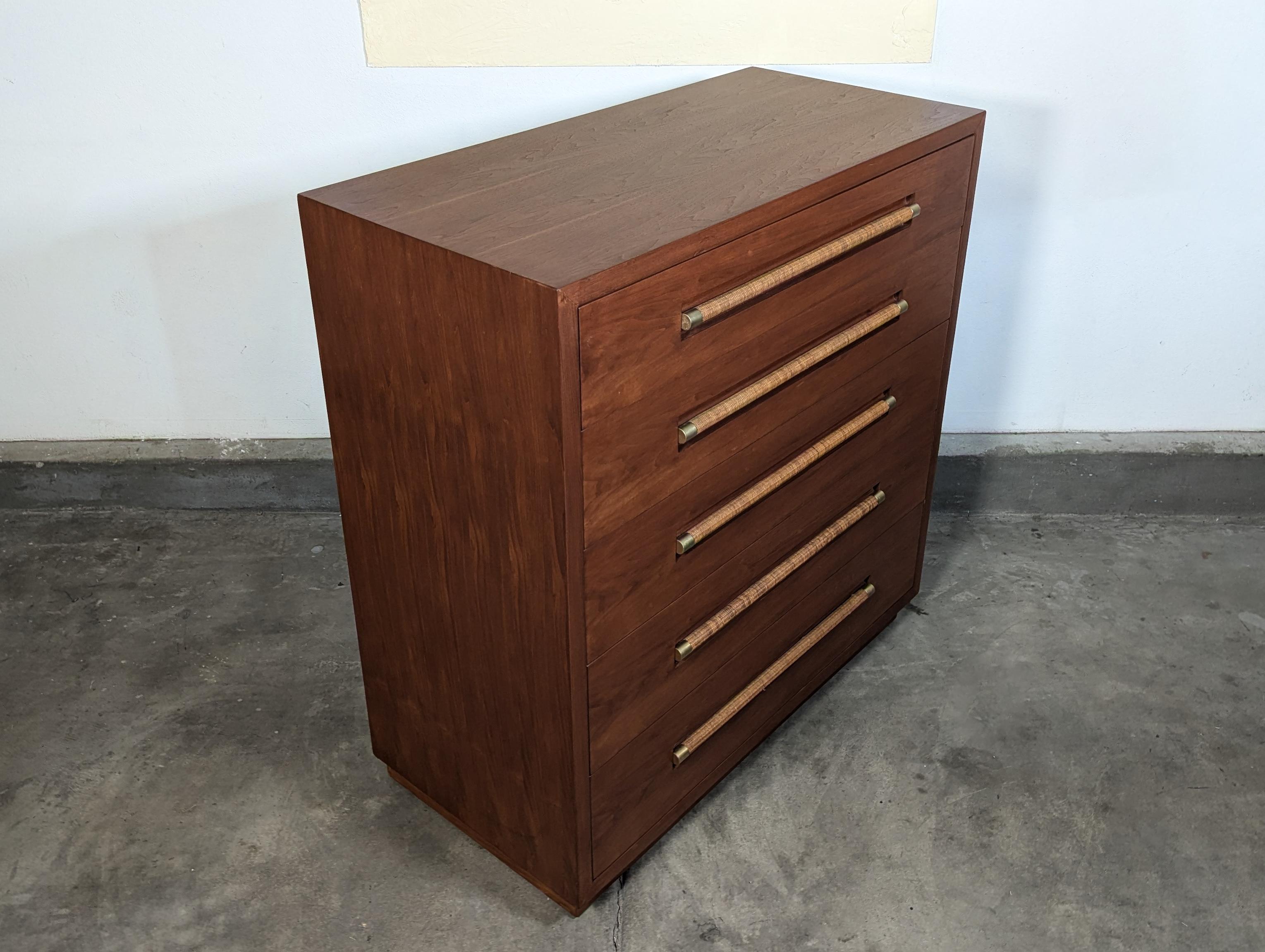 Mid Century Highboy Dresser with Wicker and Brass Handles by Morganton, c1960s 5