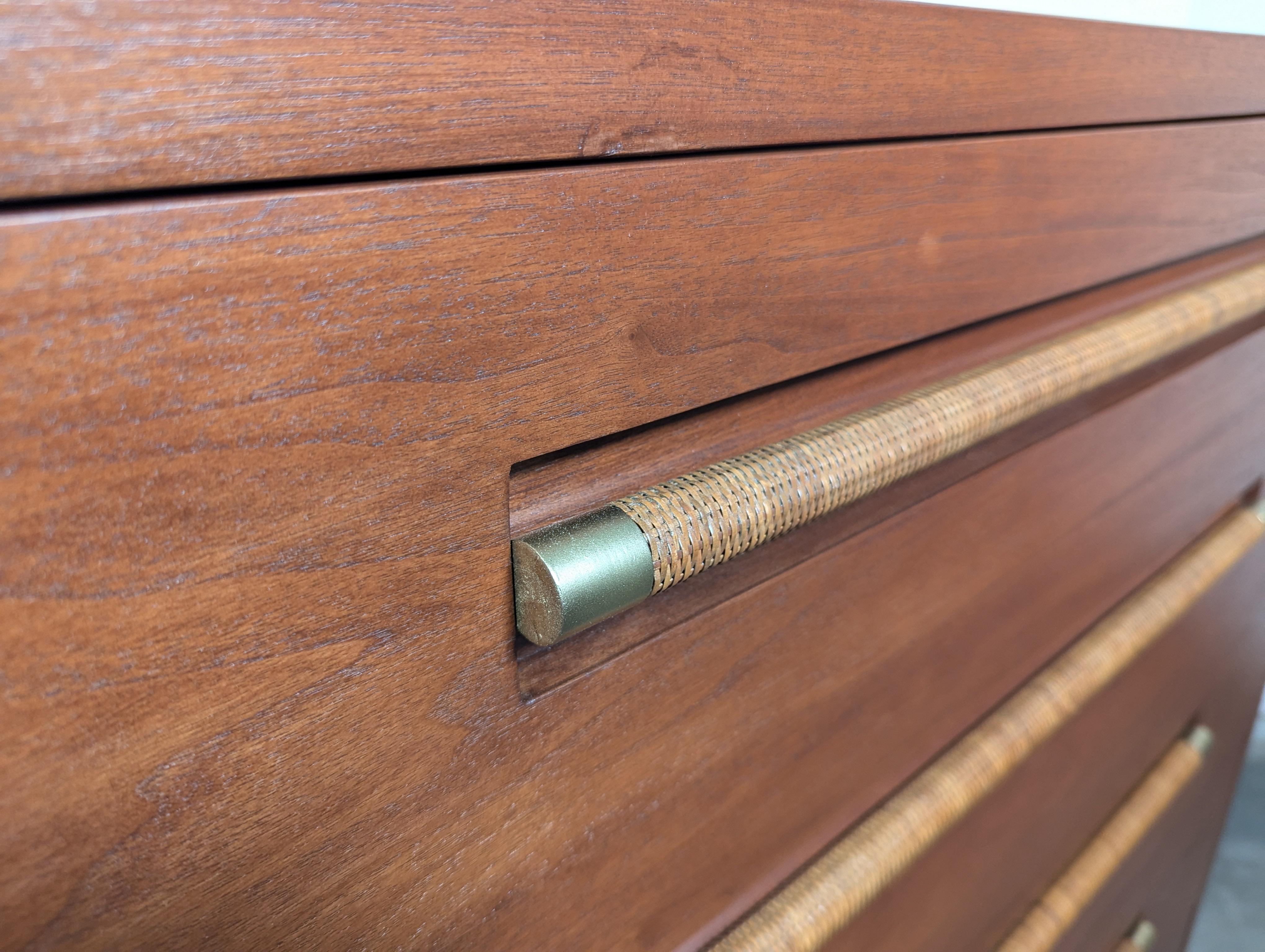 Mid Century Highboy Dresser with Wicker and Brass Handles by Morganton, c1960s 6