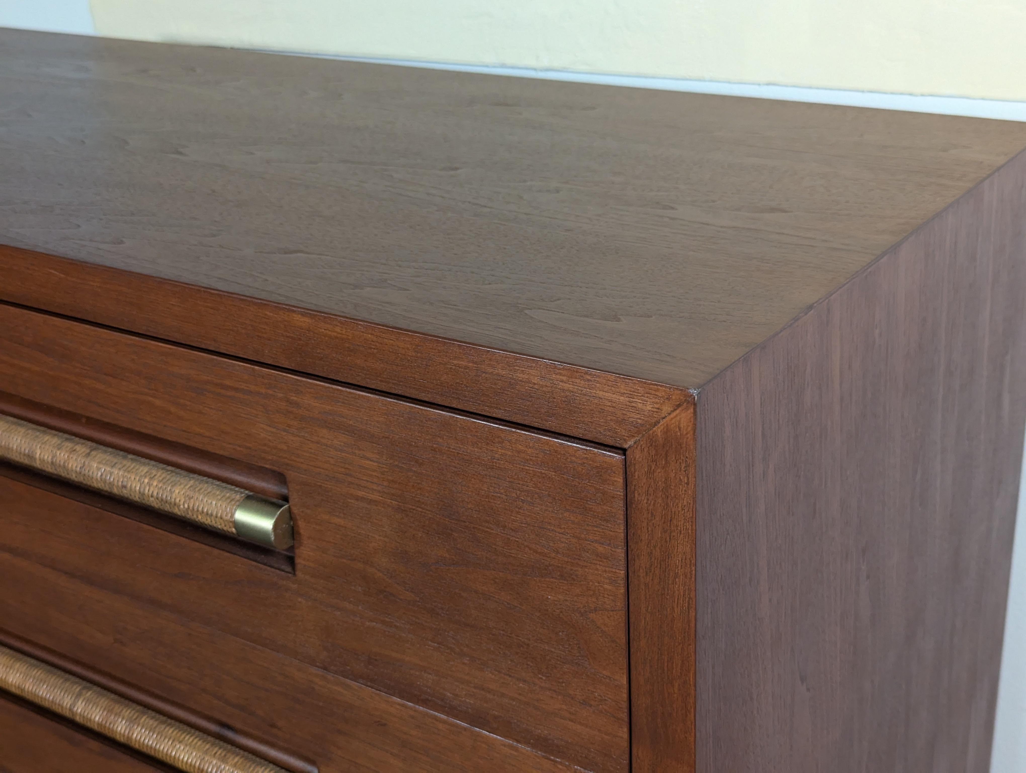 Mid Century Highboy Dresser with Wicker and Brass Handles by Morganton, c1960s 9
