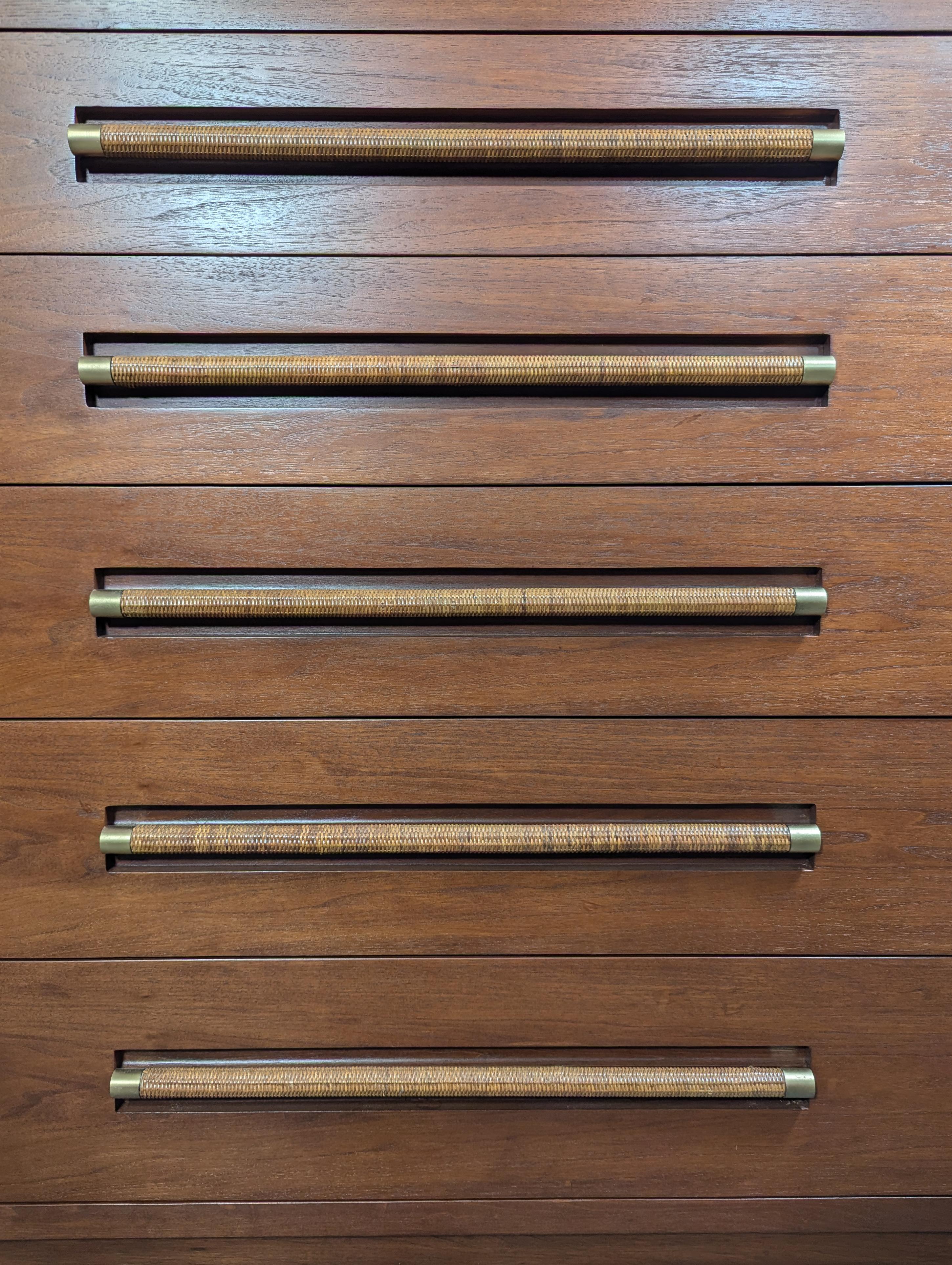 Mid Century Highboy Dresser with Wicker and Brass Handles by Morganton, c1960s 10