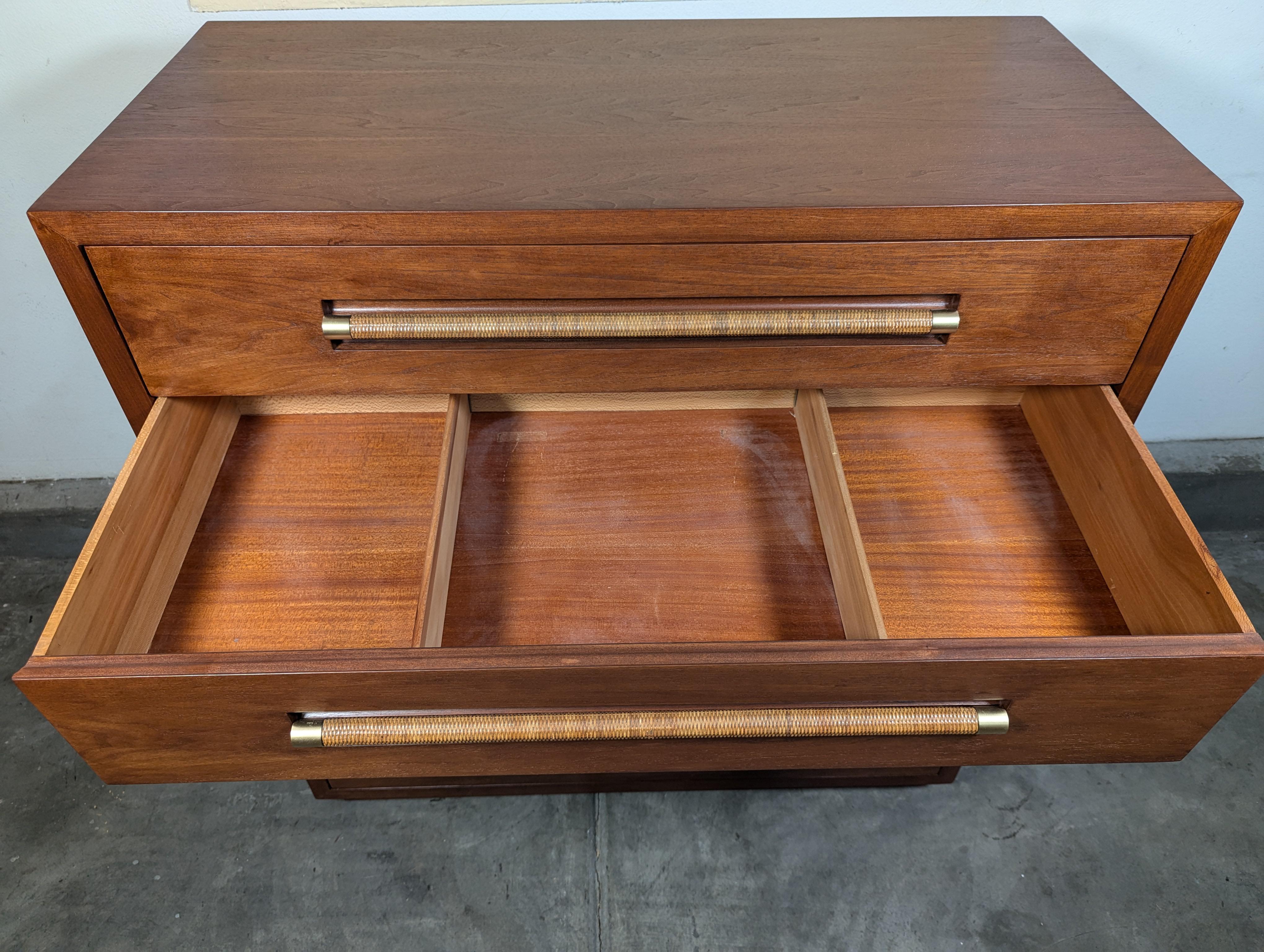 Mid Century Highboy Dresser with Wicker and Brass Handles by Morganton, c1960s 11