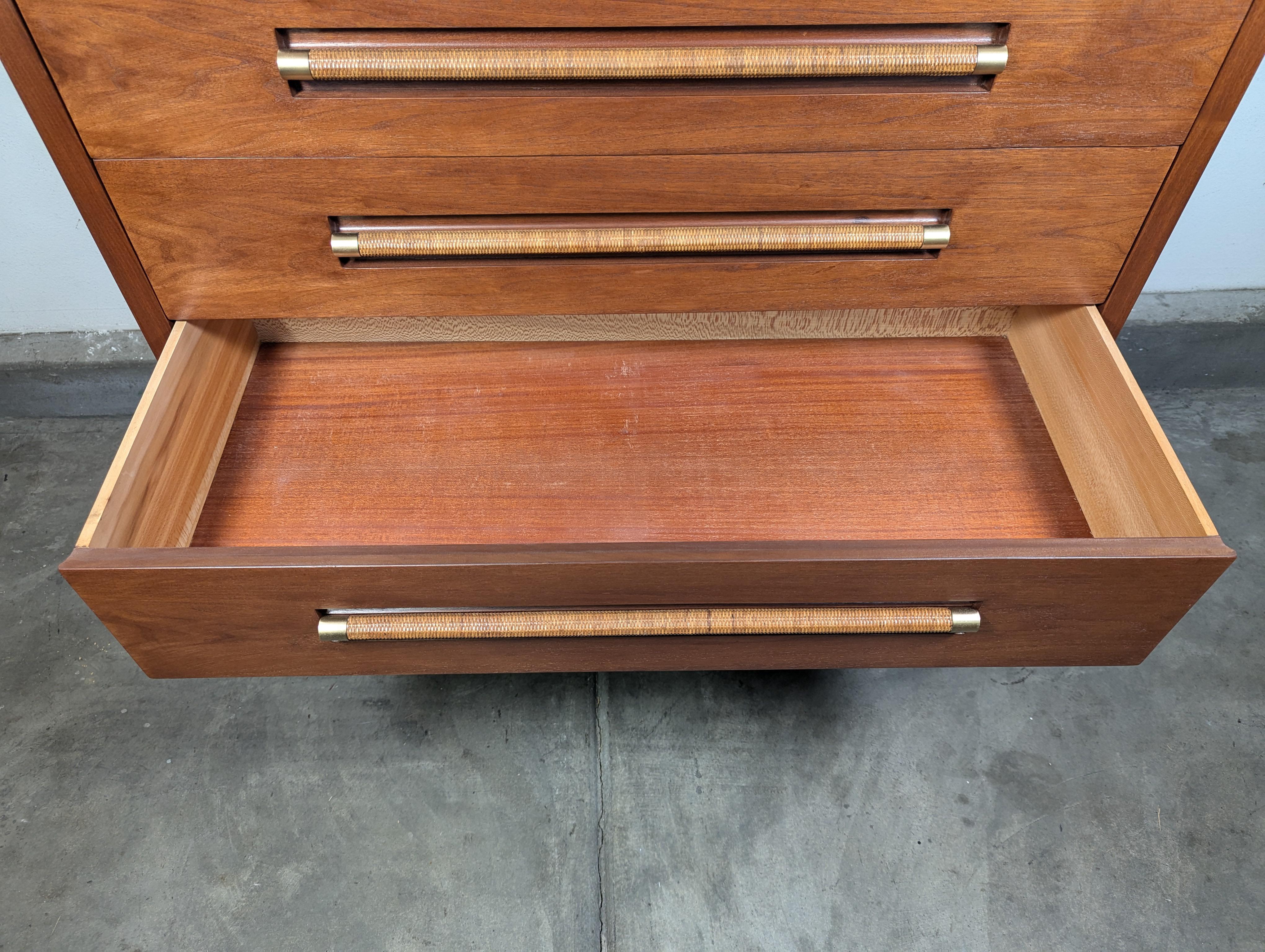 Mid Century Highboy Dresser with Wicker and Brass Handles by Morganton, c1960s 12