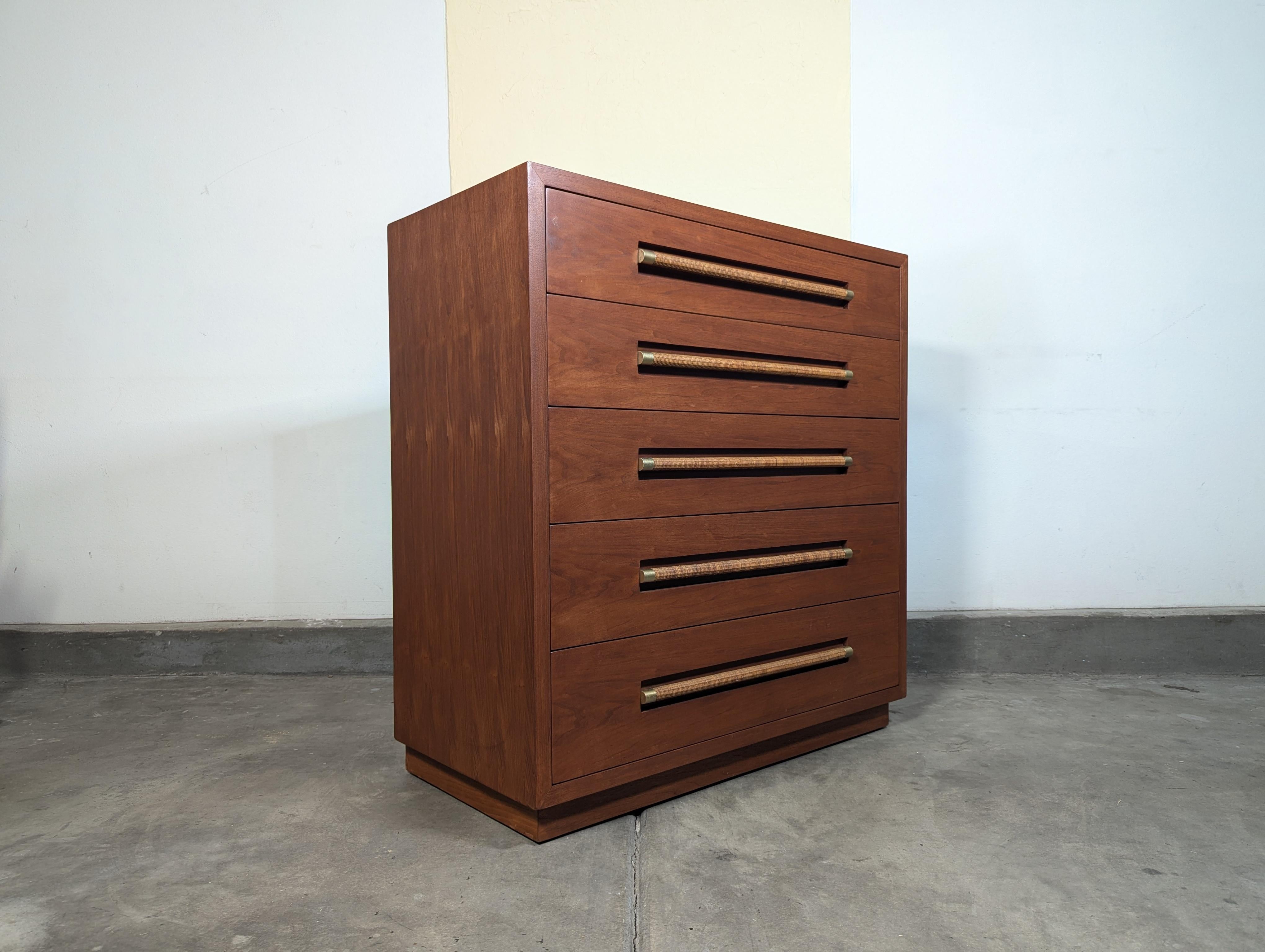 Mahogany Mid Century Highboy Dresser with Wicker and Brass Handles by Morganton, c1960s