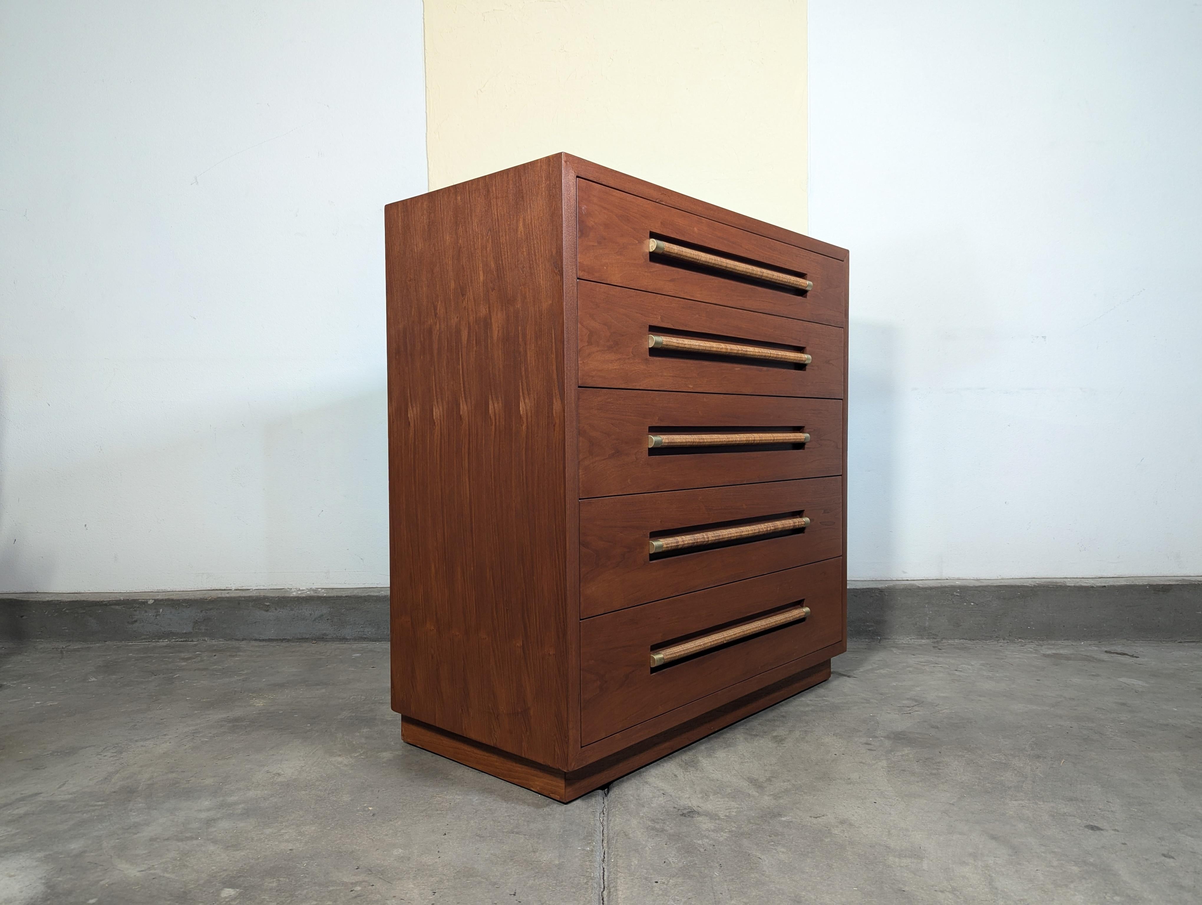 Mid Century Highboy Dresser with Wicker and Brass Handles by Morganton, c1960s 1