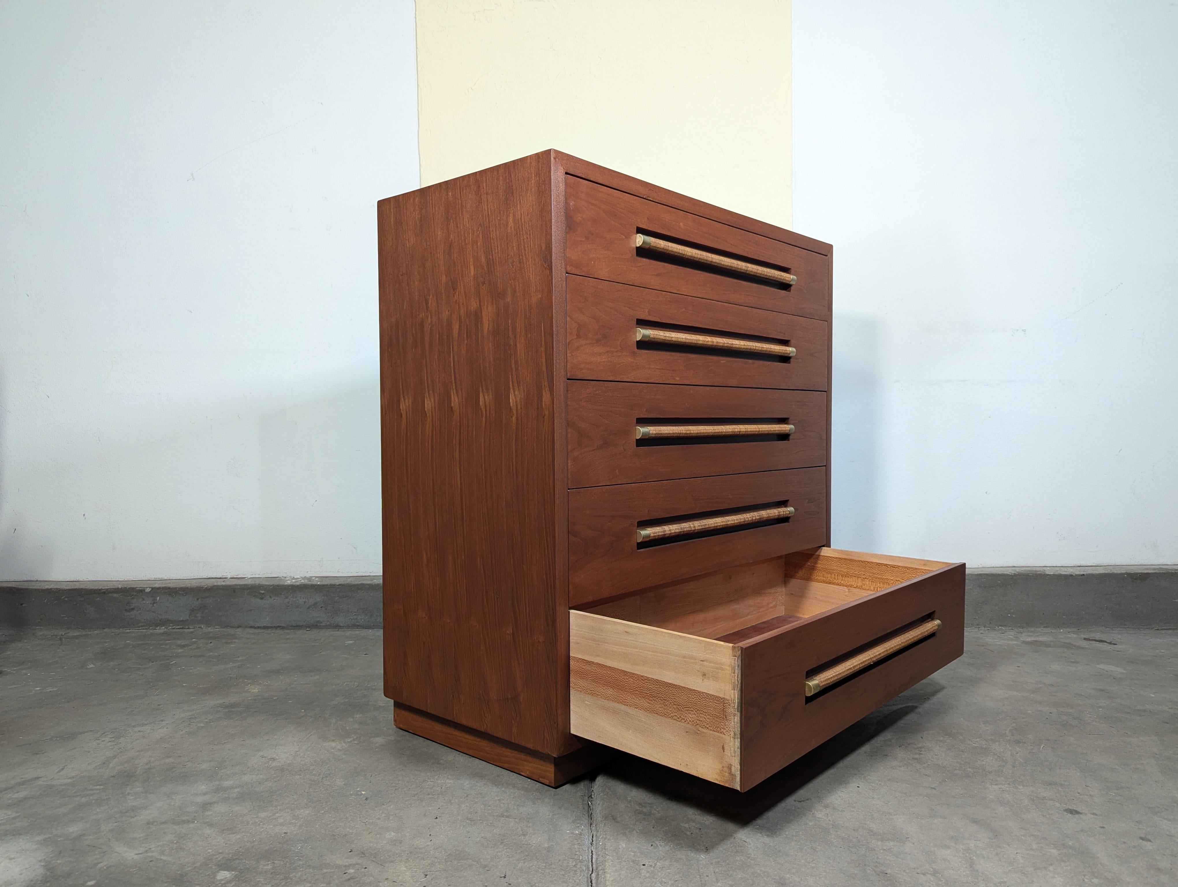 Mid Century Highboy Dresser with Wicker and Brass Handles by Morganton, c1960s 2