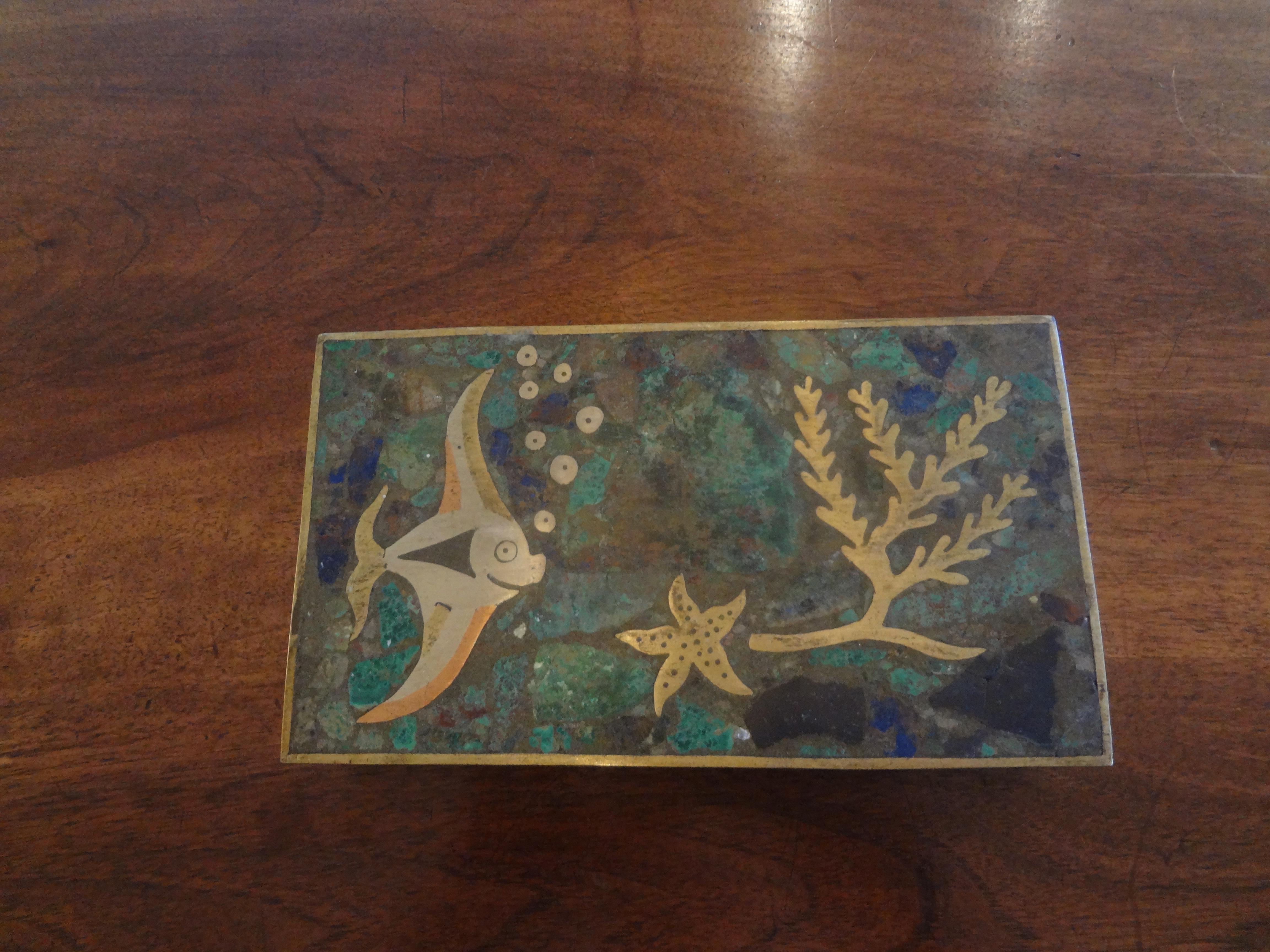 Mid Century Hinged Brass Box with Sealife 1