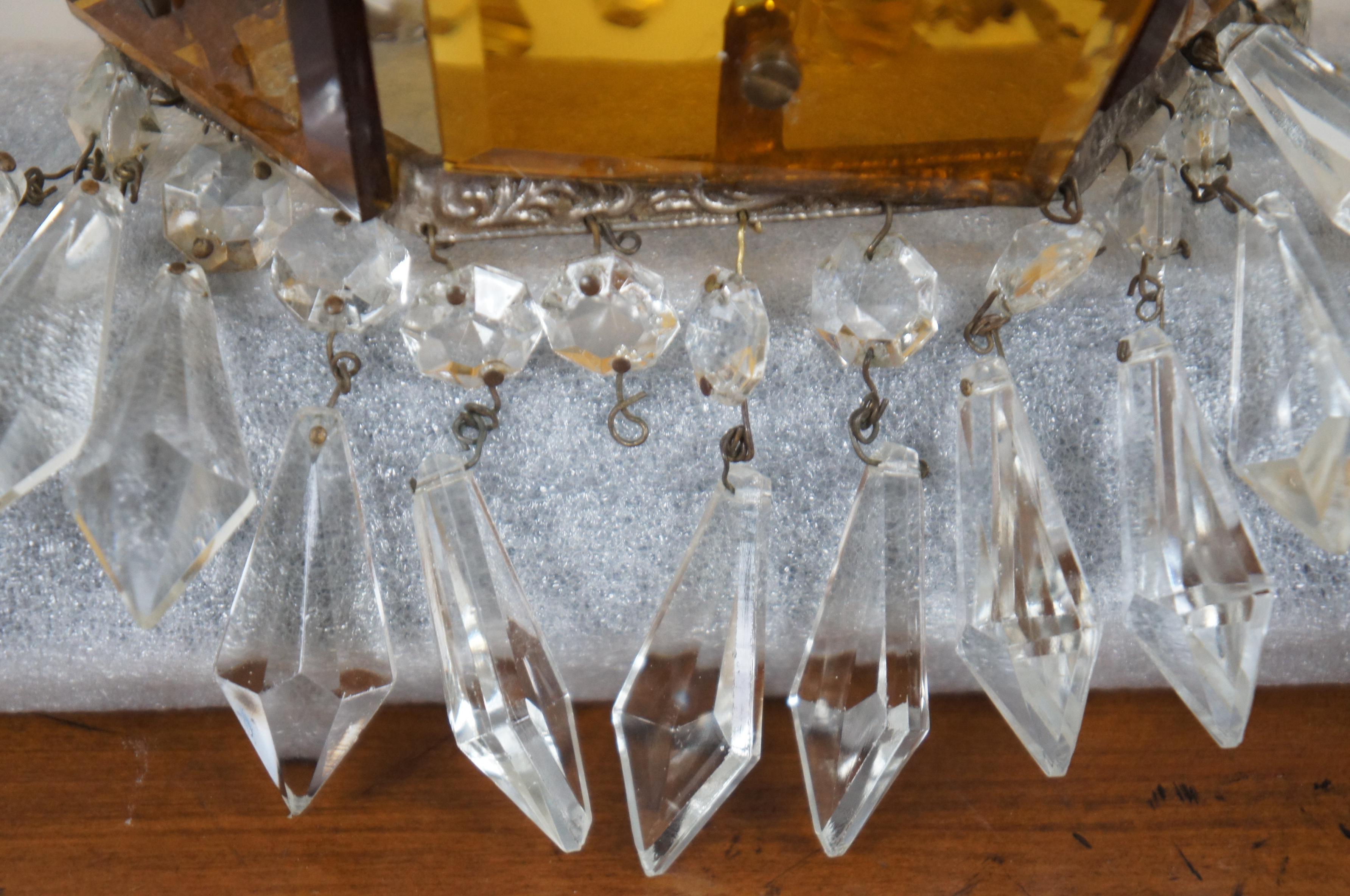 20th Century Mid Century Hollywood Regency Amber Glass & Drop Crystal Pendant Light MCM Retro For Sale