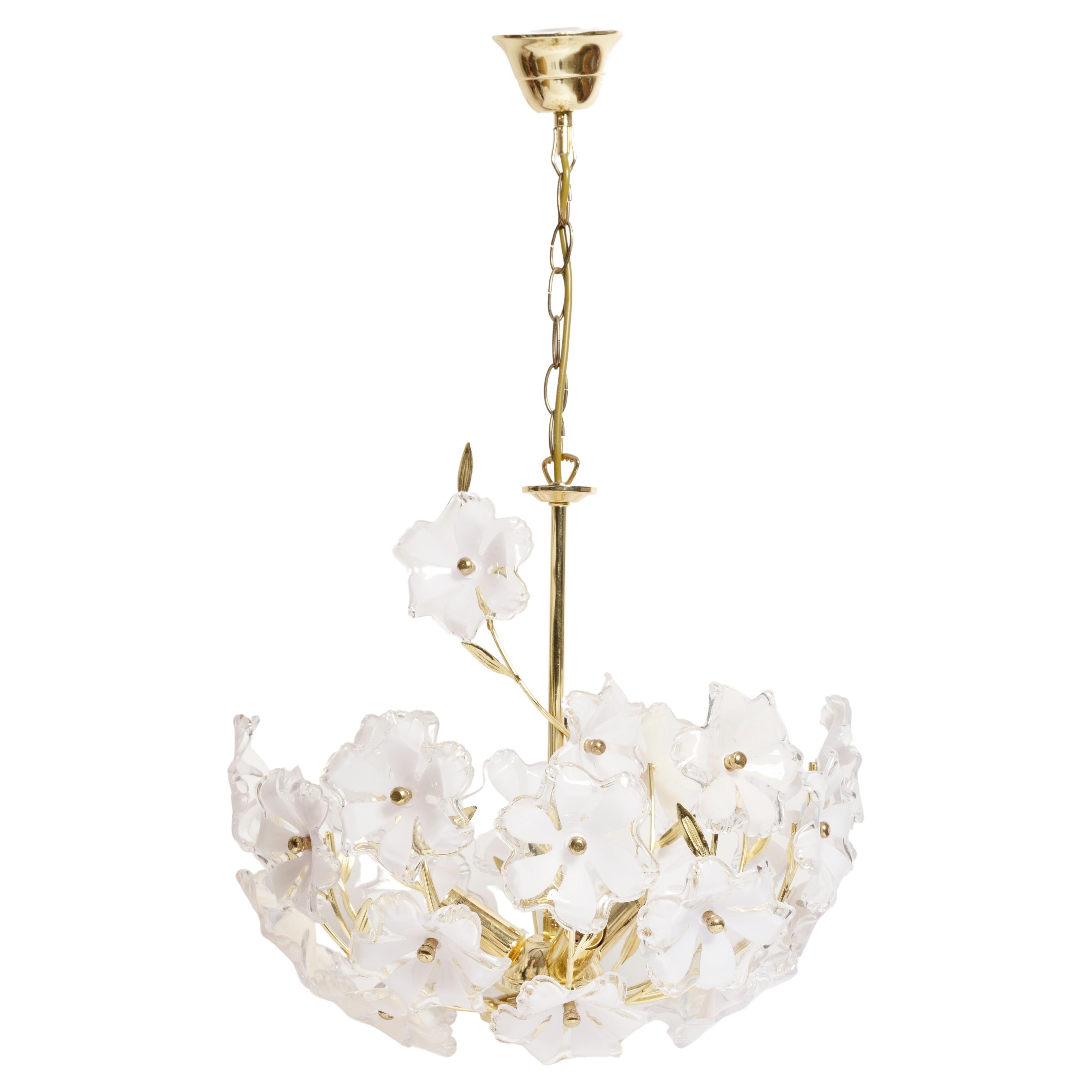 Mid Century, Hollywood Regency Big Ceiling Lamp, White Flowers, Italy, 1960s