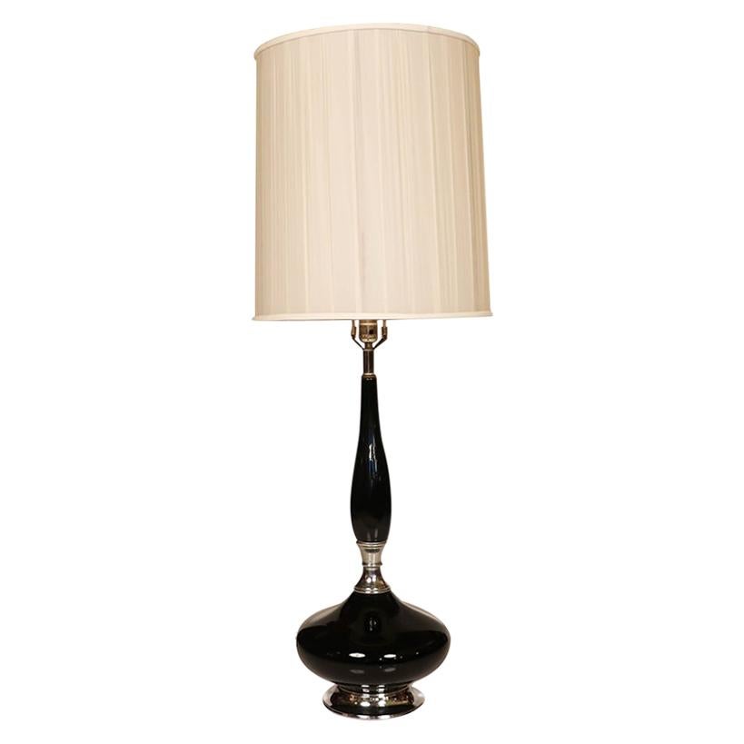Midcentury Hollywood Regency Black Ceramic Chrome Table Lamp