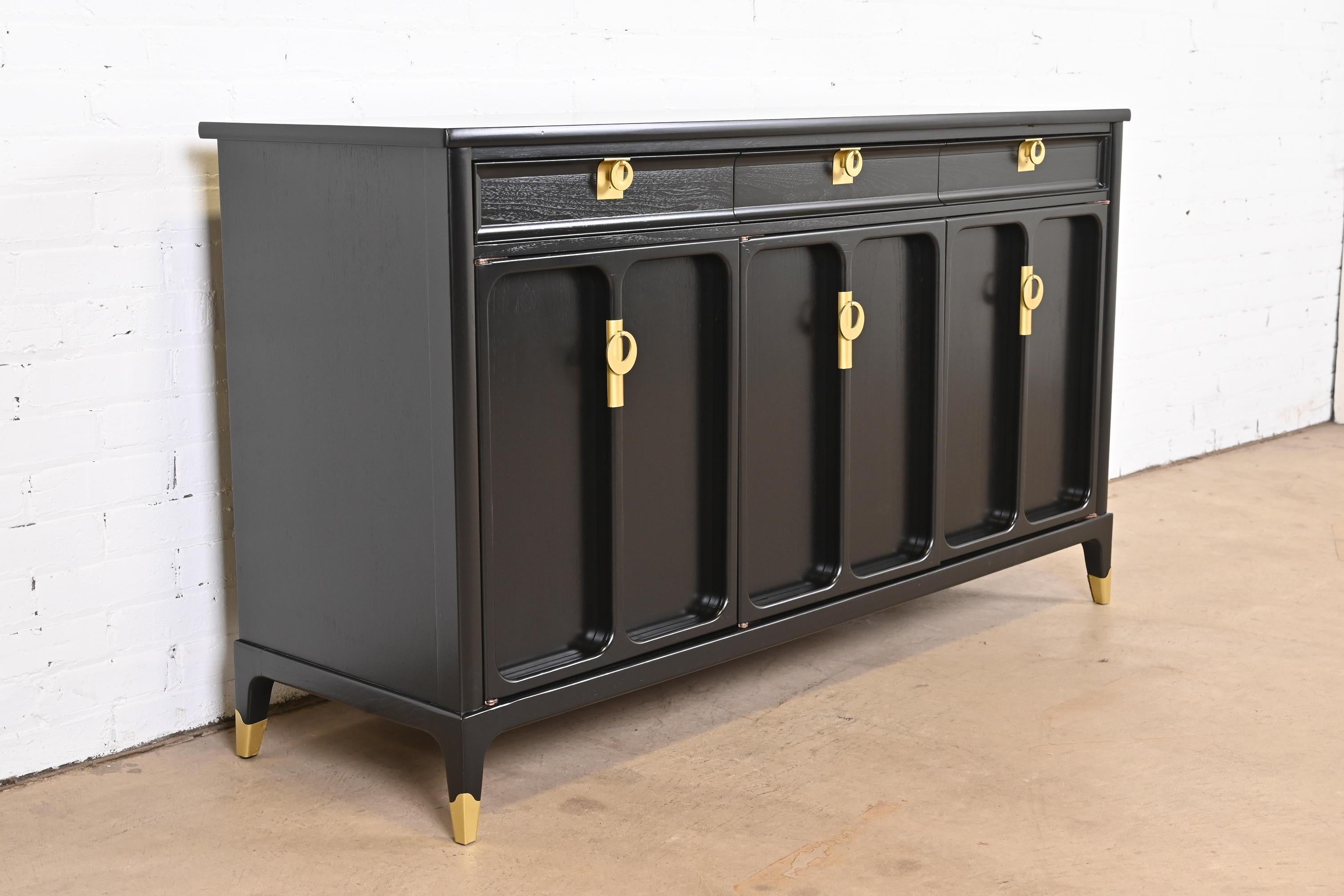 Brass Mid-Century Hollywood Regency Black Lacquered Sideboard by White Furniture