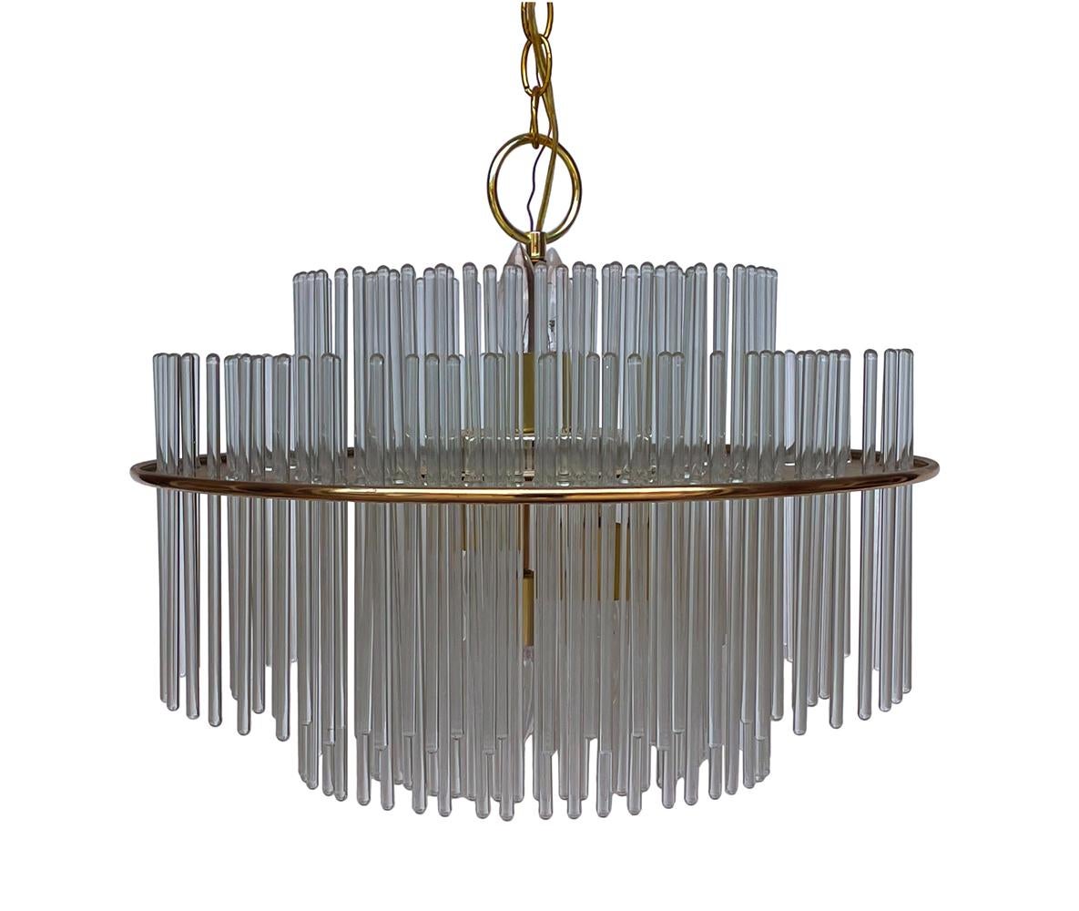 Mid Century Hollywood Regency Brass and Glass Rod Hanging Light or Chandelier In Good Condition In Philadelphia, PA