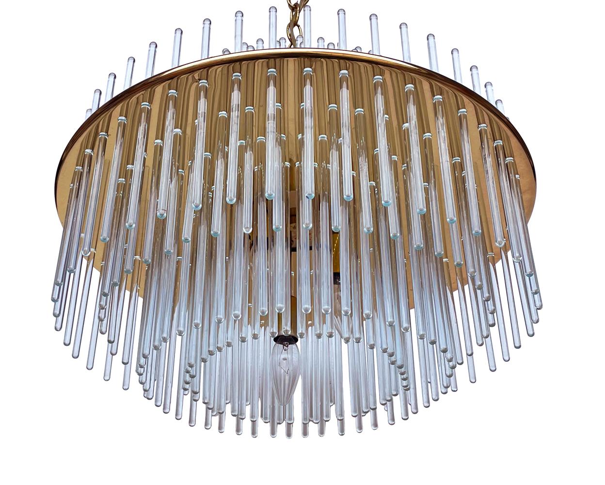 Late 20th Century Mid Century Hollywood Regency Brass and Glass Rod Hanging Light or Chandelier