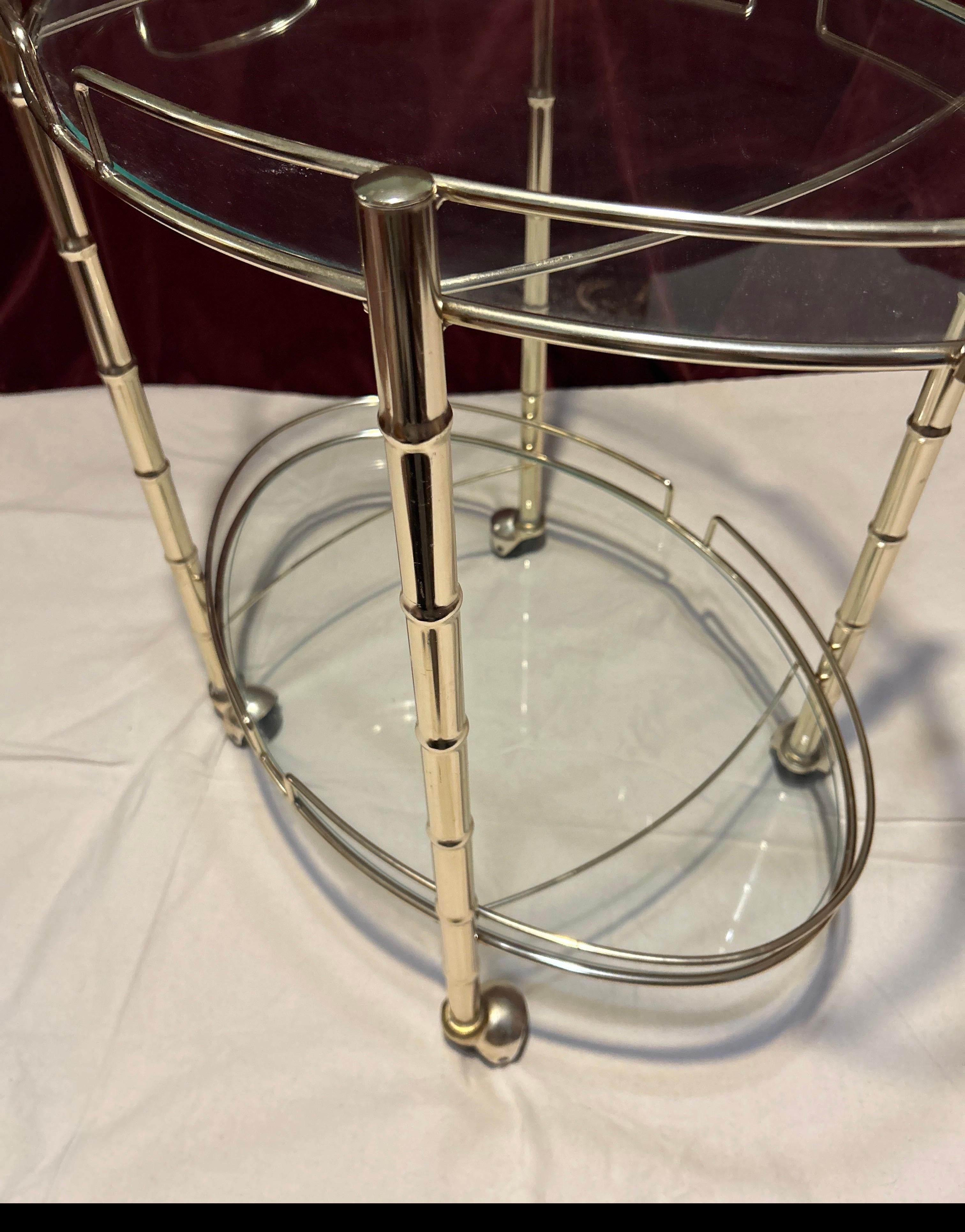 Metalwork Mid Century Hollywood Regency Brass Bamboo Motif Circular Bar Cart On Casters For Sale