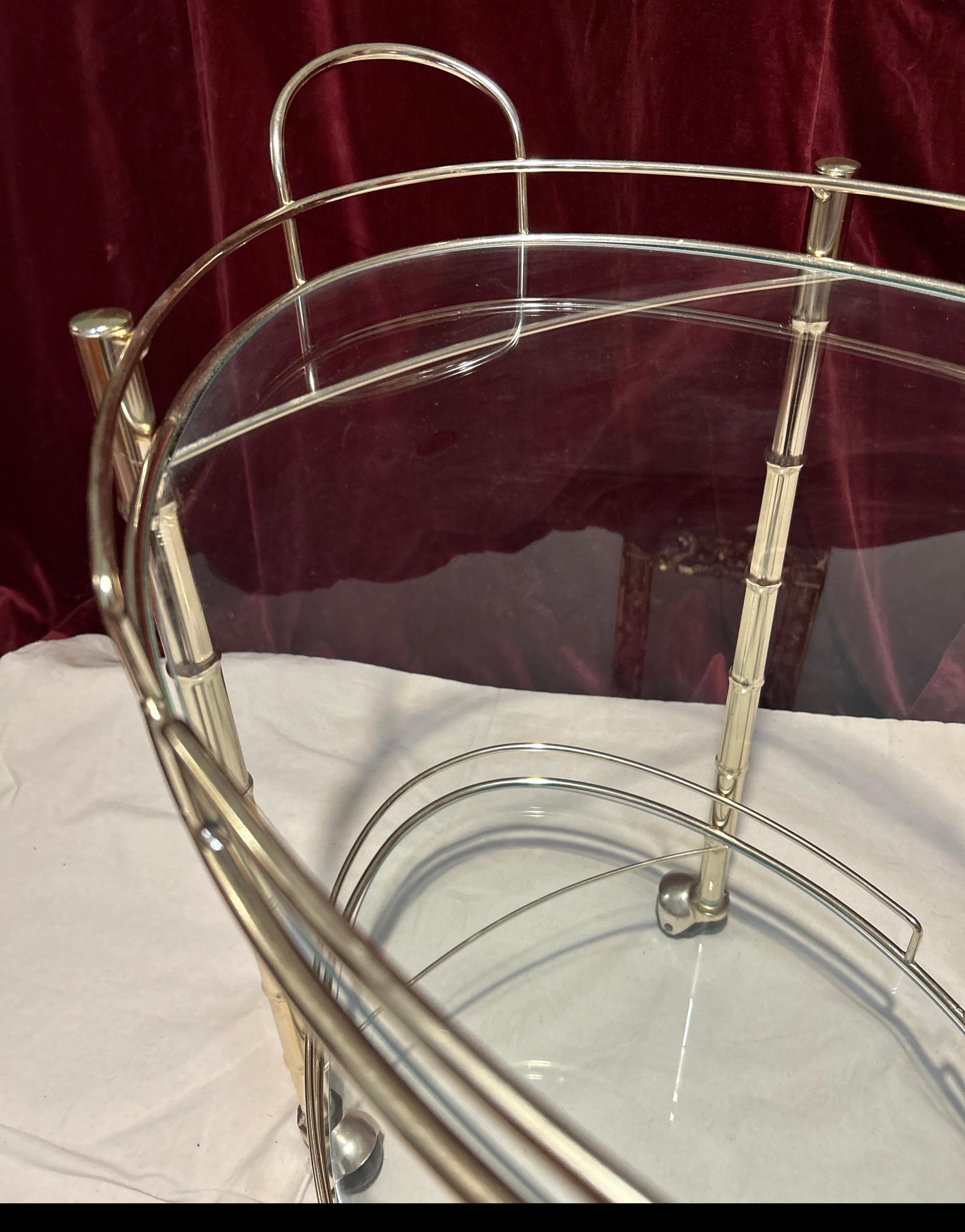 Mid-20th Century Mid Century Hollywood Regency Brass Bamboo Motif Circular Bar Cart On Casters For Sale