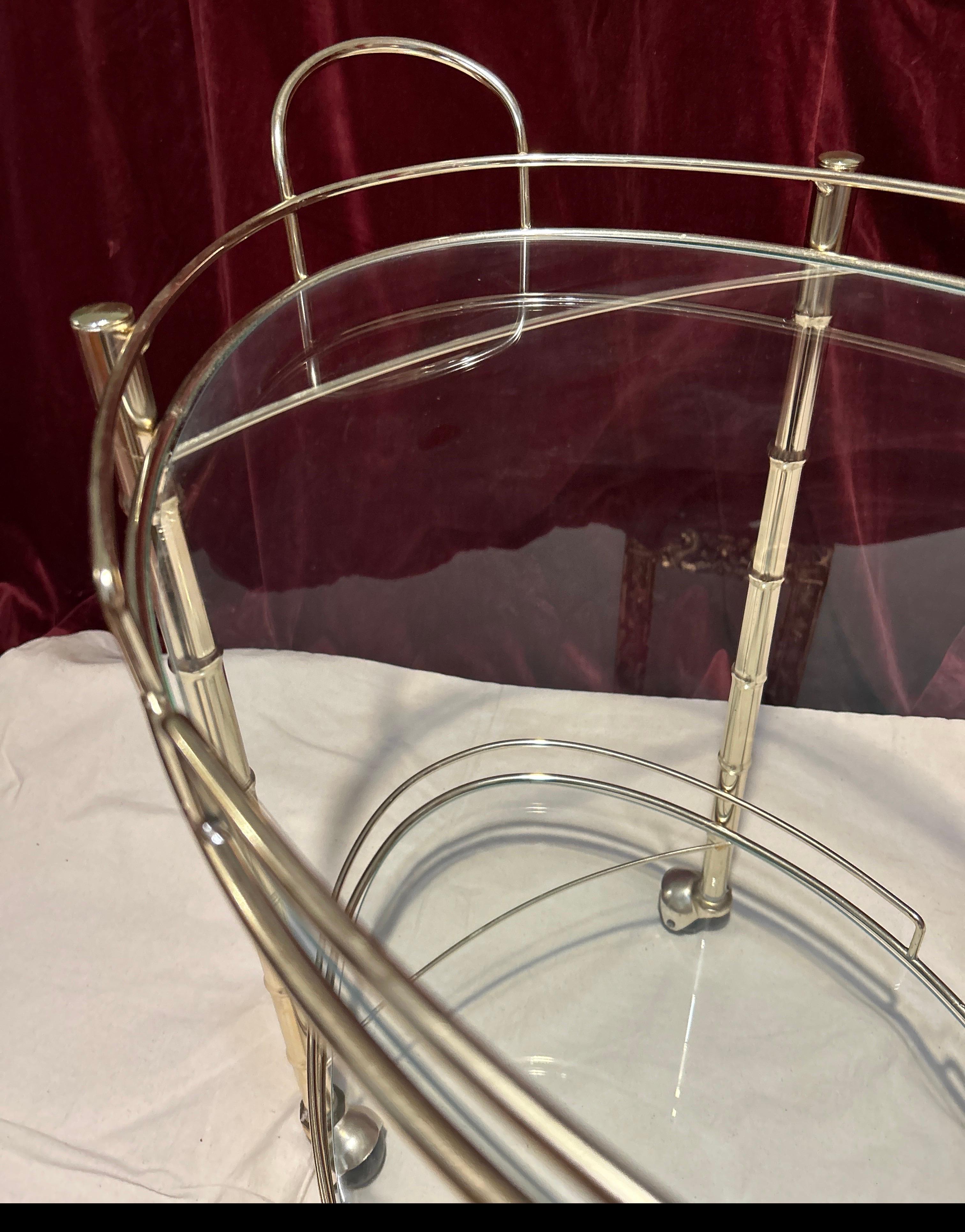 Mid Century Hollywood Regency Brass Bamboo Motif Circular Bar Cart On Casters For Sale 1