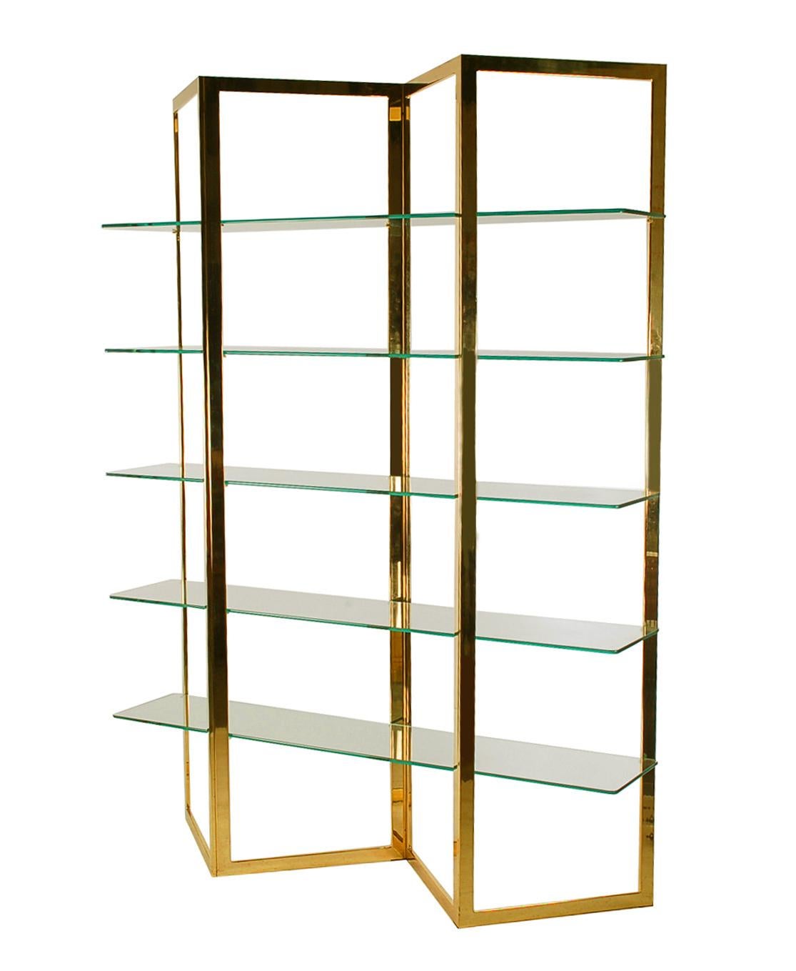 Mid Century Hollywood Regency Brass & Glass Etagere, Shelving Unit or Wall Unit In Good Condition In Philadelphia, PA