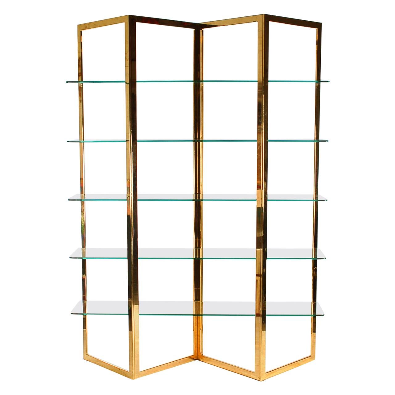 Mid Century Hollywood Regency Brass & Glass Etagere, Shelving Unit or Wall Unit