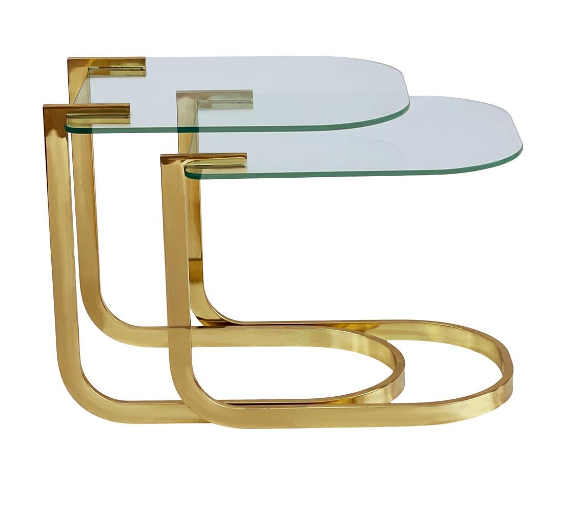 American Midcentury Hollywood Regency Brass & Glass Nesting Tables or End Tables For Sale