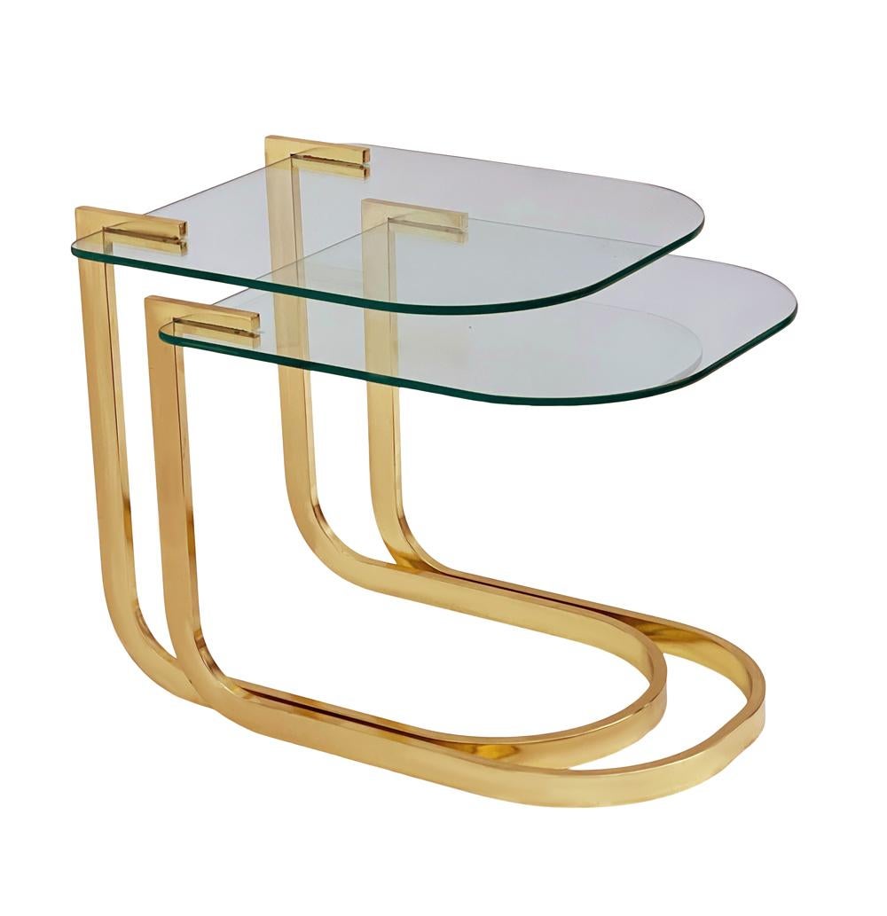 Late 20th Century Midcentury Hollywood Regency Brass & Glass Nesting Tables or End Tables For Sale