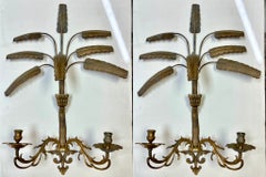 Mid-Century Hollywood Regency Brass Palm Leaf / Frond Sconces, Pair