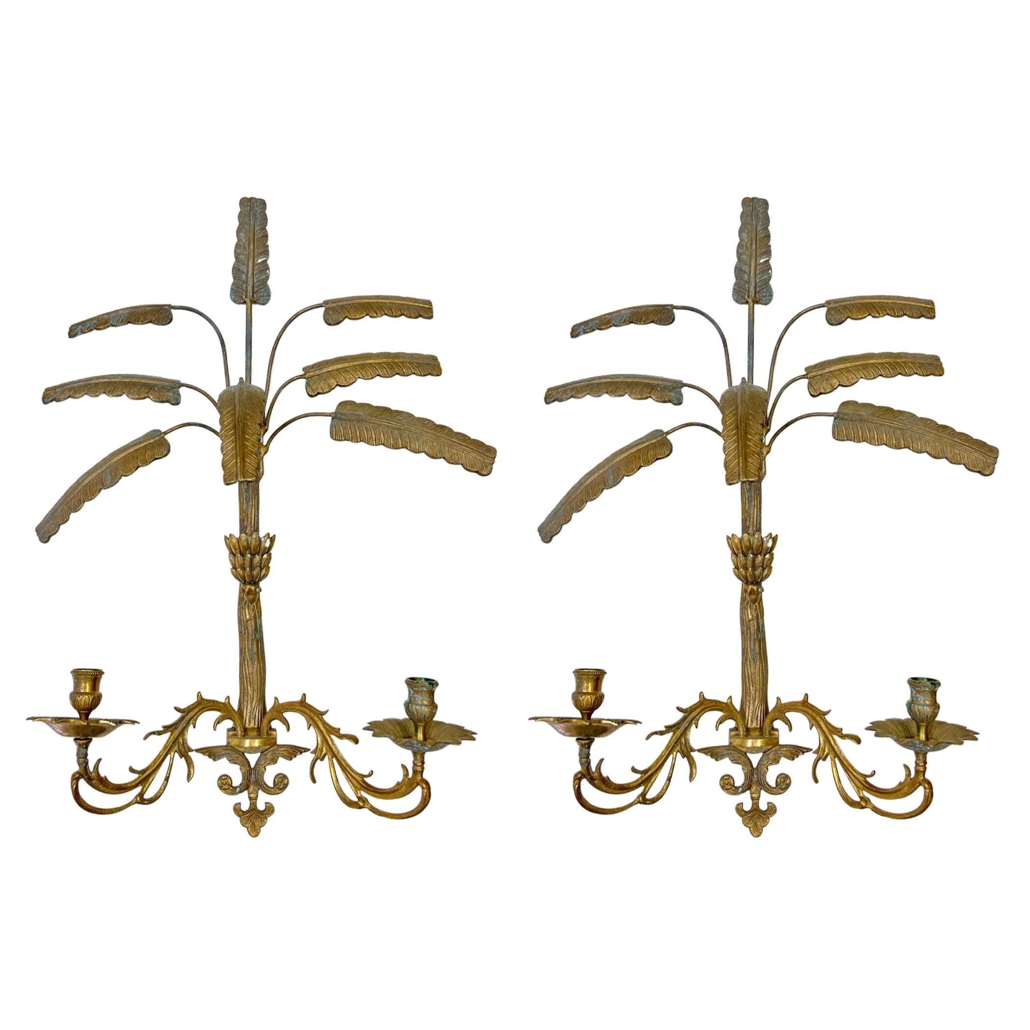 Mid-Century Hollywood Regency Brass Palm Leaf / Frond Sconces, Pair
