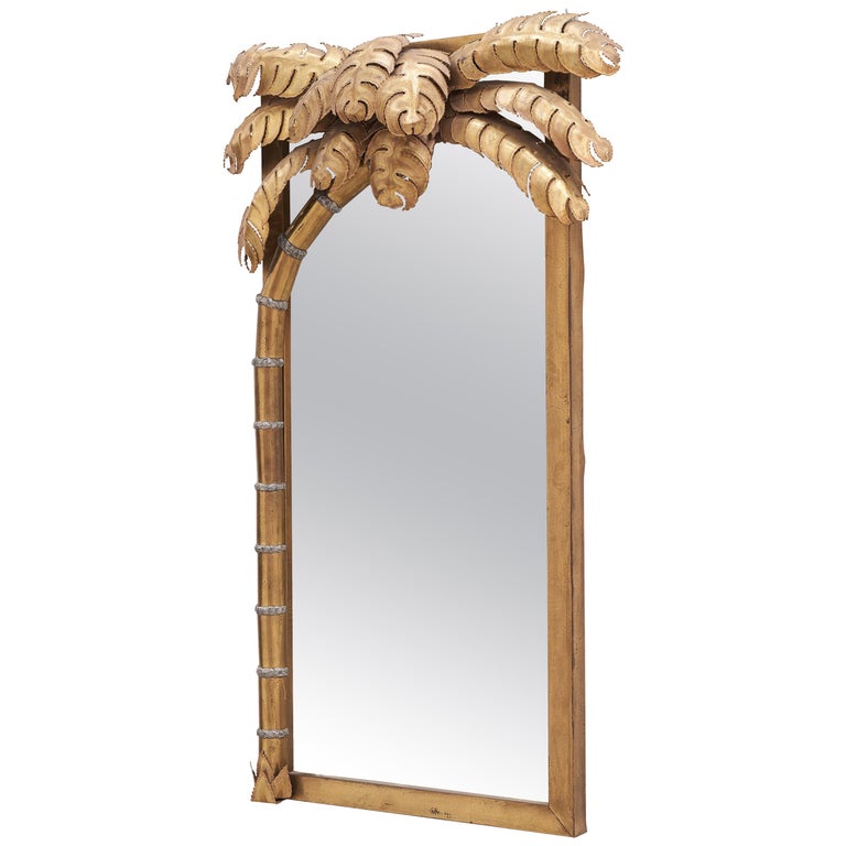 Midcentury Hollywood Regency Brass Palm Tree Mirror and Lamp by Maison Jansen For Sale