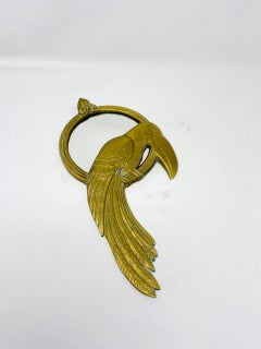 Mid Century Hollywood Regency Brass Parrot on Perch Sculptural Wall Mirror