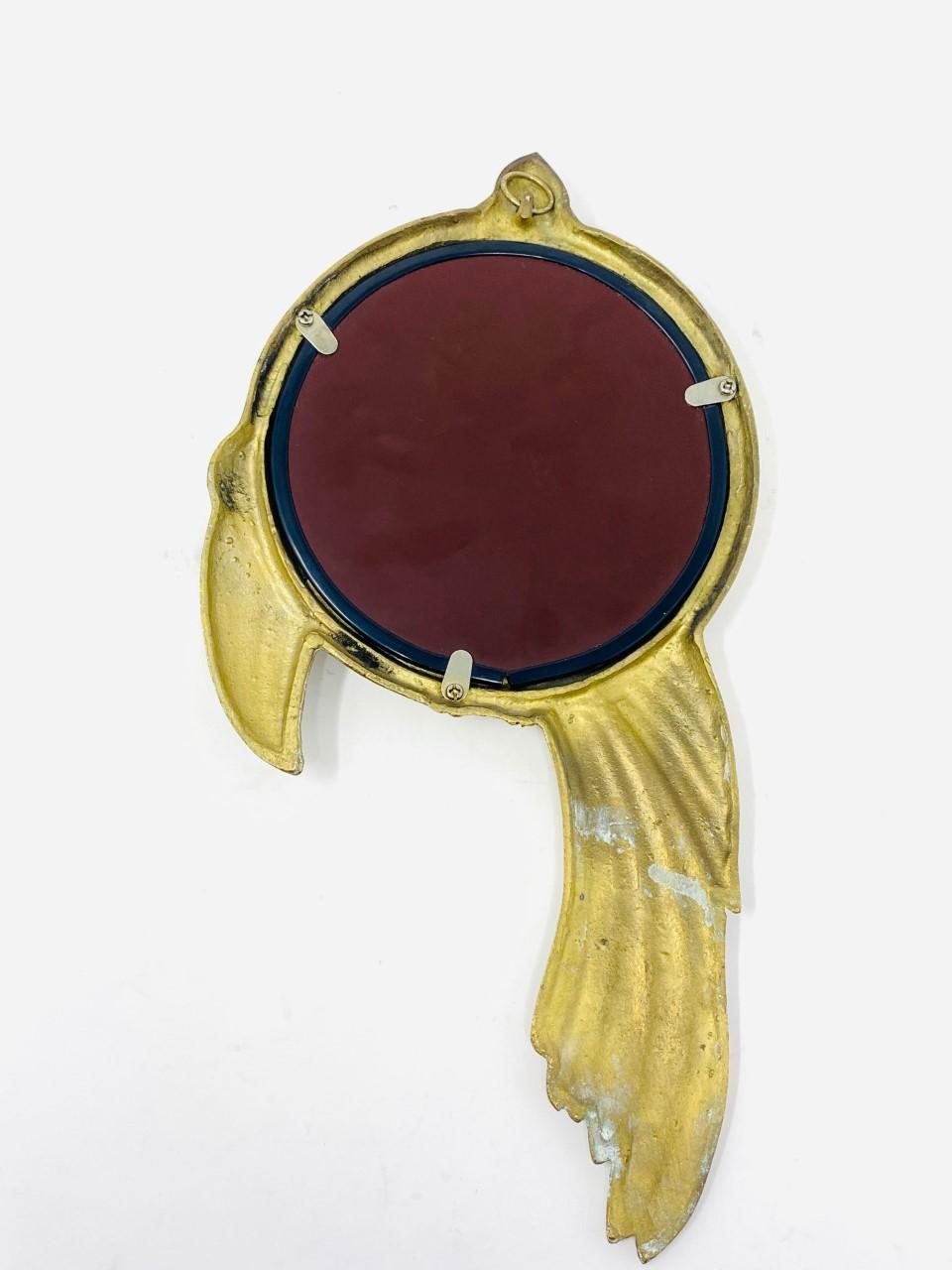 Indian Mid Century Hollywood Regency Brass Parrot on Perch Sculptural Wall Mirror For Sale