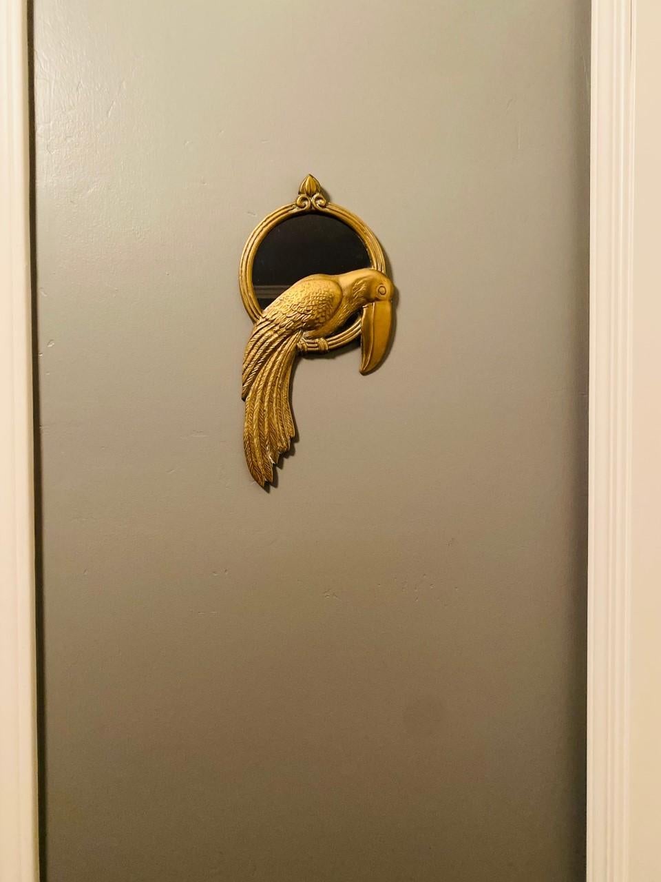 Cast Mid Century Hollywood Regency Brass Parrot on Perch Sculptural Wall Mirror For Sale