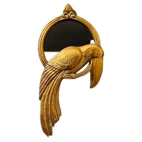Mid Century Hollywood Regency Brass Parrot on Perch Sculptural Wall Mirror For Sale