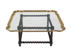 Mid-Century Hollywood Regency Brass Tray Cocktail Table with Twisted Wood Base
