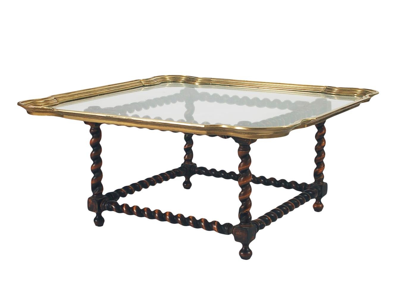 American Mid-Century Hollywood Regency Brass Tray Cocktail Table with Twisted Wood Base  For Sale