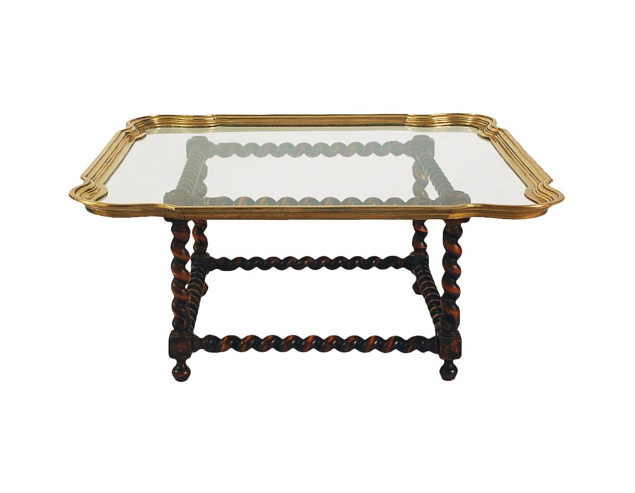 Mid-Century Hollywood Regency Brass Tray Cocktail Table with Twisted Wood Base  In Good Condition For Sale In Philadelphia, PA
