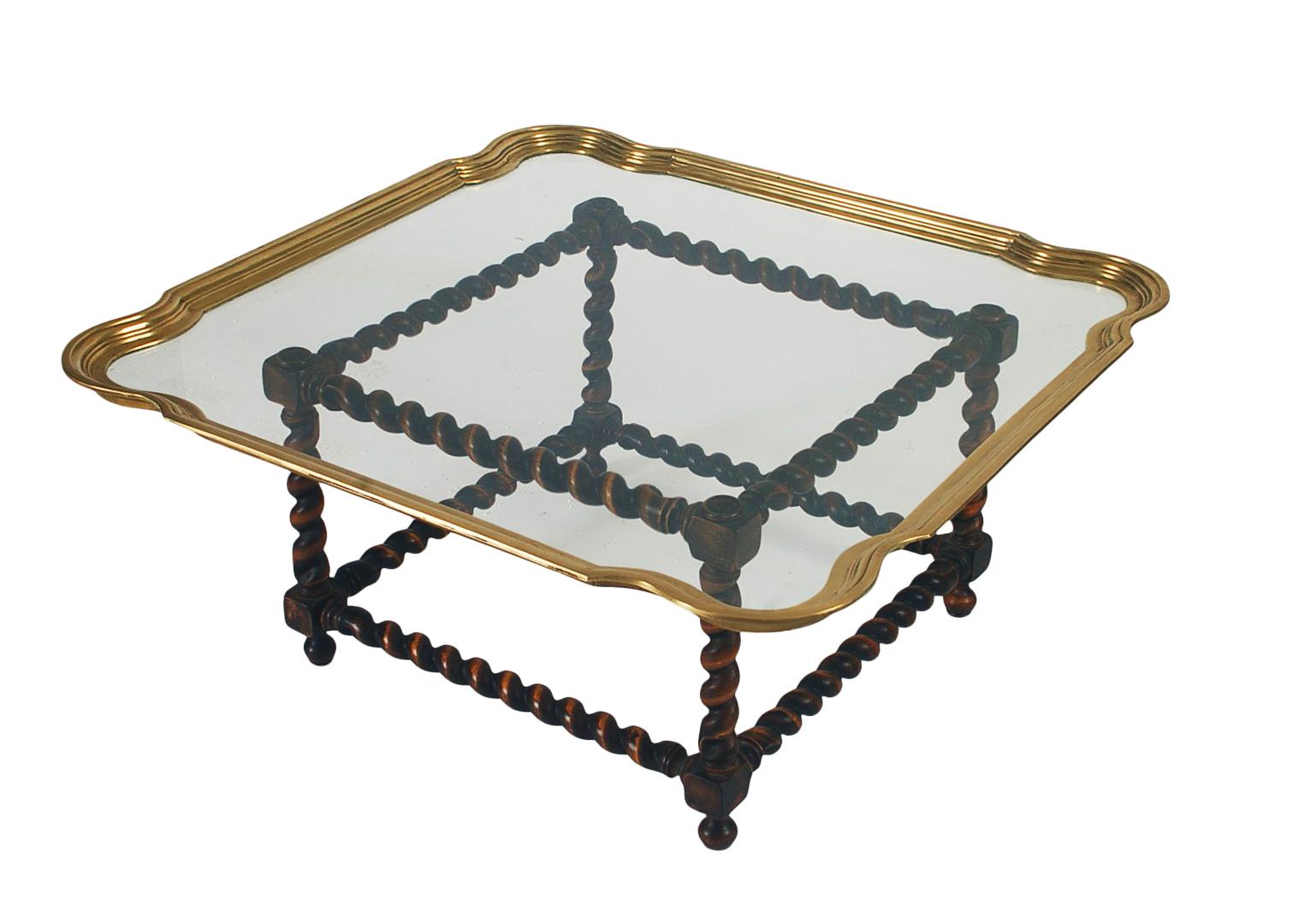 Late 20th Century Mid-Century Hollywood Regency Brass Tray Cocktail Table with Twisted Wood Base  For Sale