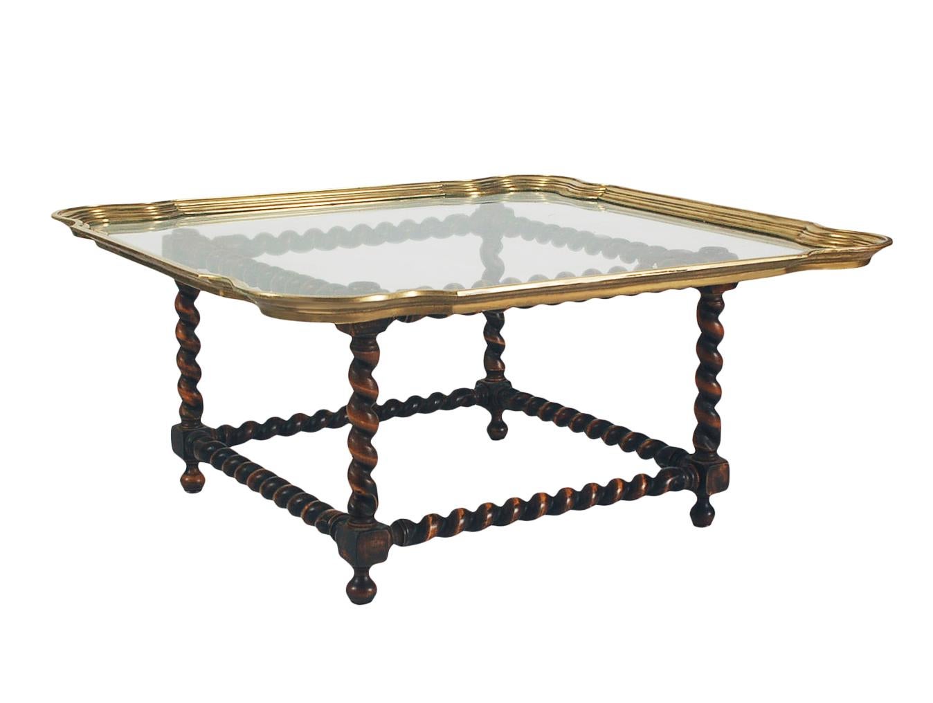 Mid-Century Hollywood Regency Brass Tray Cocktail Table with Twisted Wood Base  For Sale 1