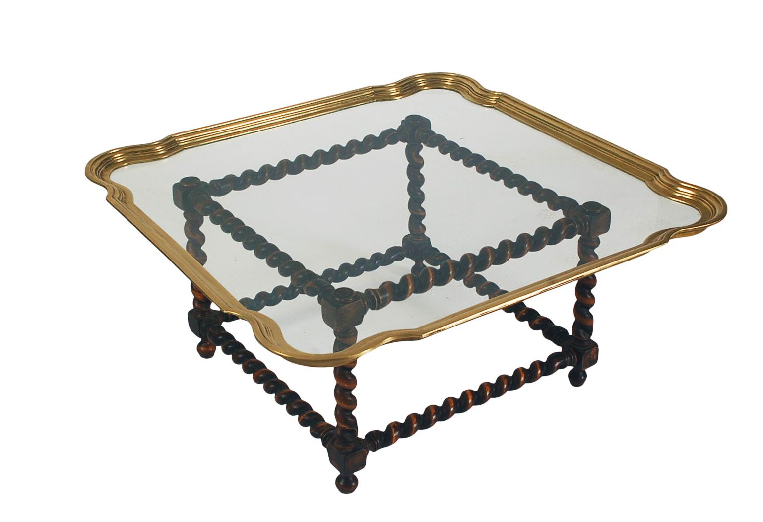 Mid-Century Hollywood Regency Brass Tray Cocktail Table with Twisted Wood Base  For Sale 3