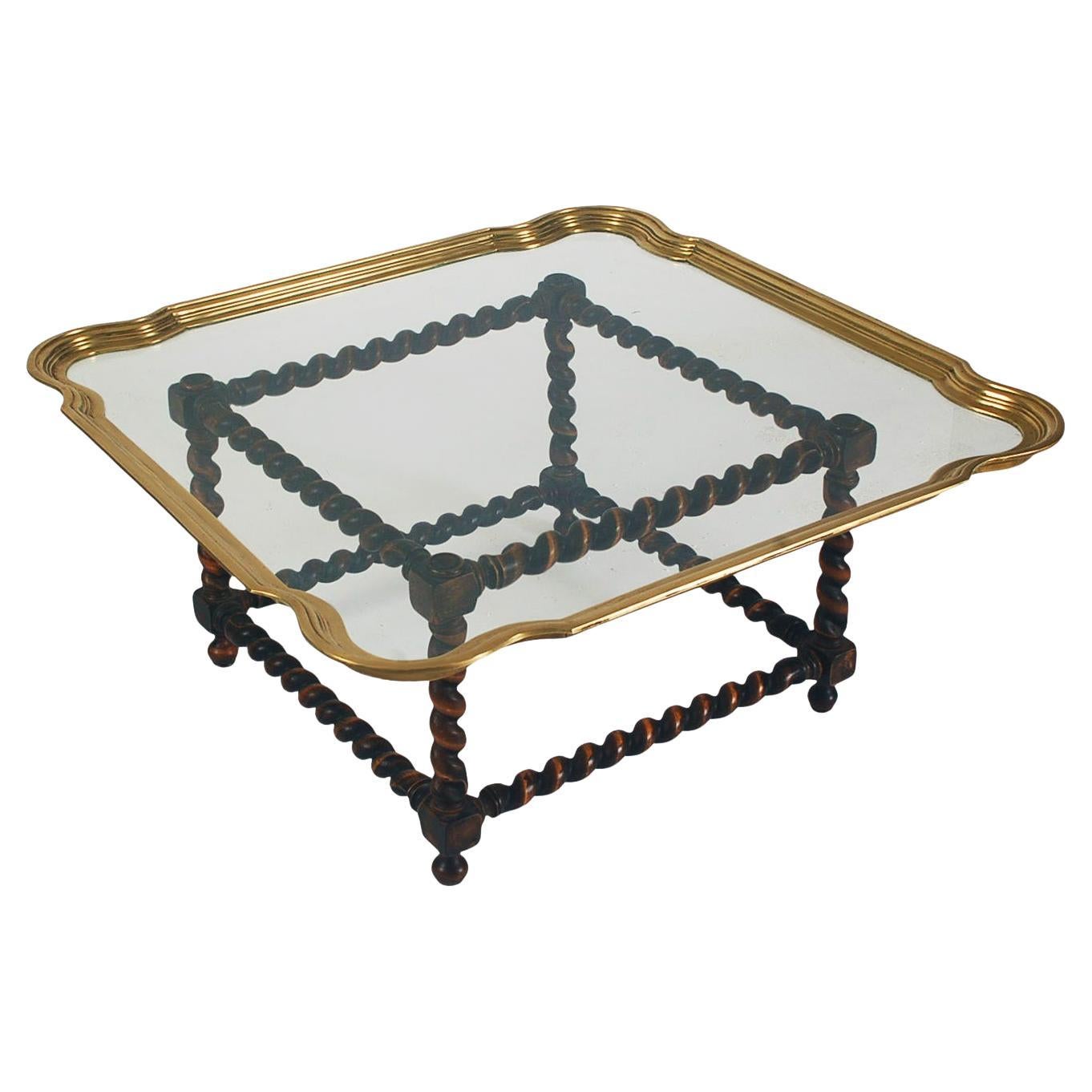 Mid-Century Hollywood Regency Brass Tray Cocktail Table with Twisted Wood Base  For Sale