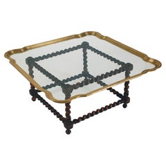 Retro Mid-Century Hollywood Regency Brass Tray Cocktail Table with Twisted Wood Base 