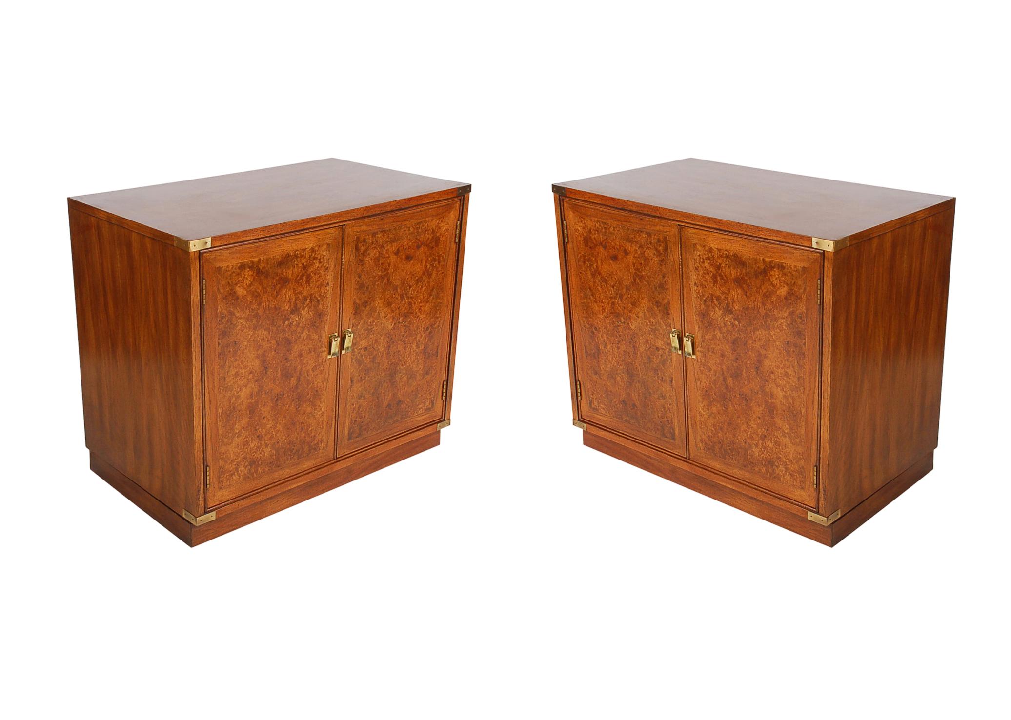Midcentury Hollywood Regency Burl Wood Nightstands, End Tables, or Cabinets In Good Condition In Philadelphia, PA