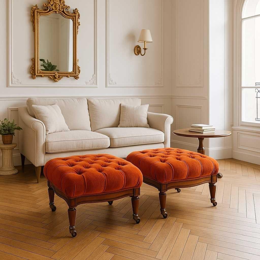 Hollywood-Regency-Ottomanen aus der Jahrhundertmitte in gebranntem Orange mit Kordtuft, paarweise im Angebot 9