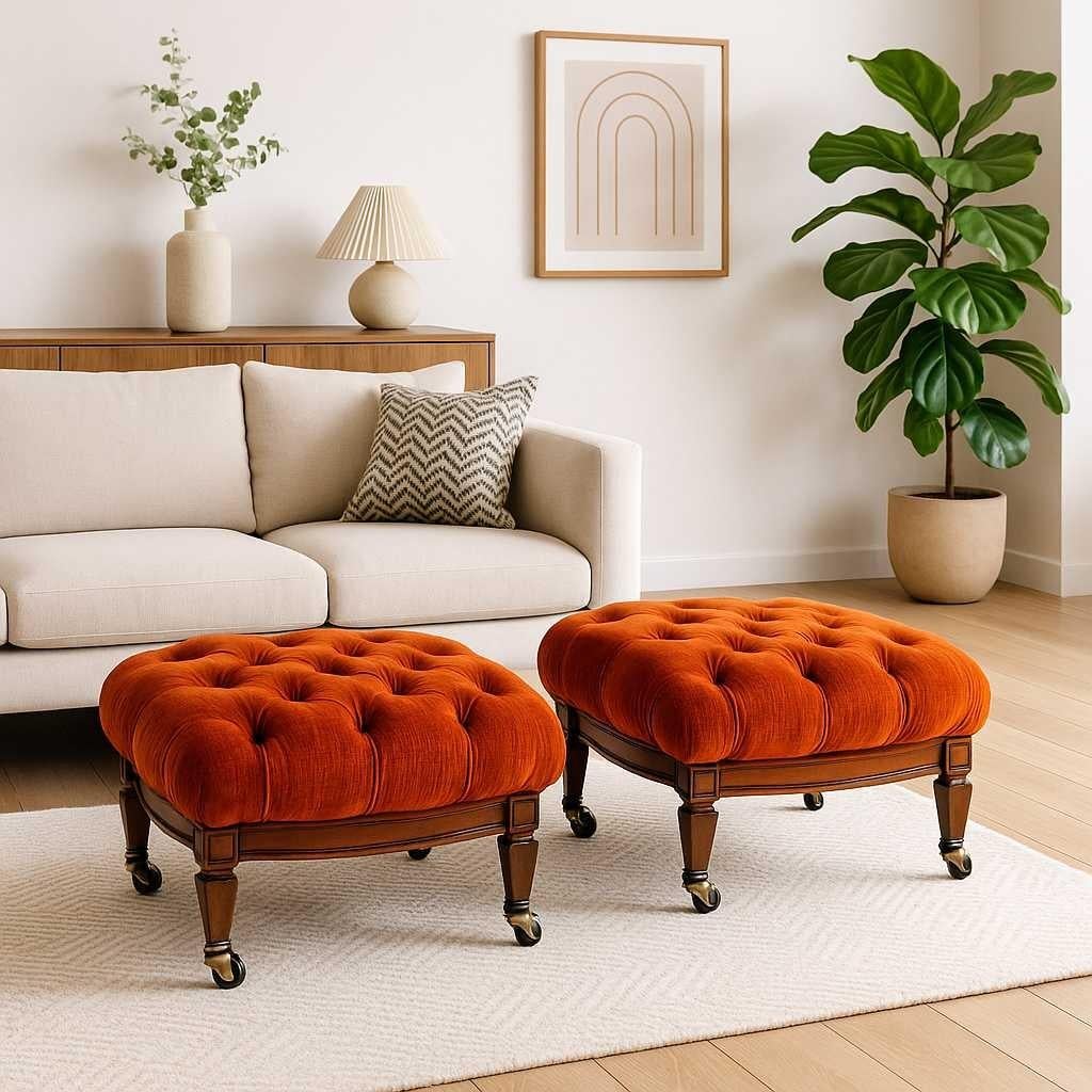 Hollywood-Regency-Ottomanen aus der Jahrhundertmitte in gebranntem Orange mit Kordtuft, paarweise im Angebot 1